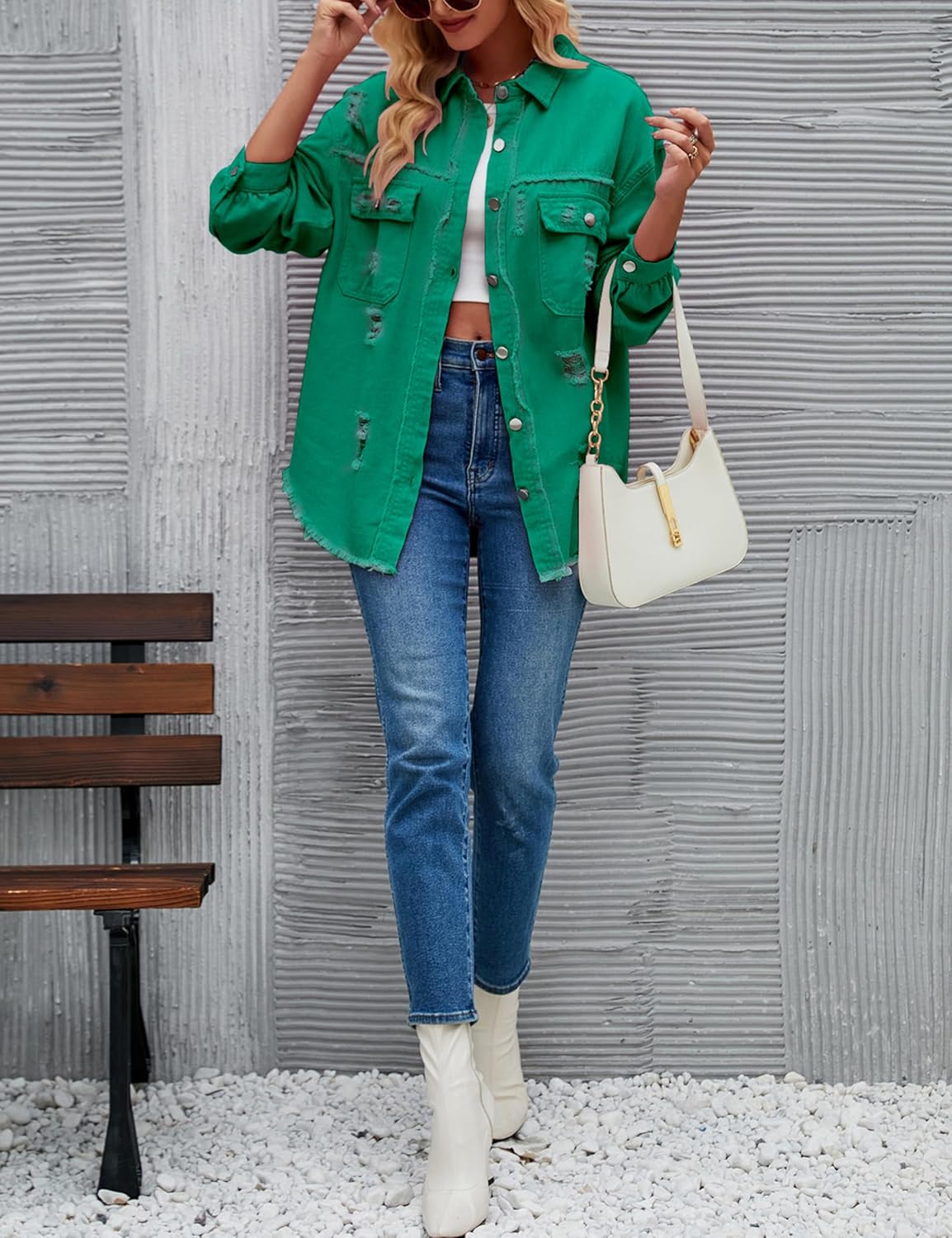 Womens Ripped Distressed Denim Jacket Tops Oversized Casual Long Sleeve Basic Jean Jacket Coats - Image 5