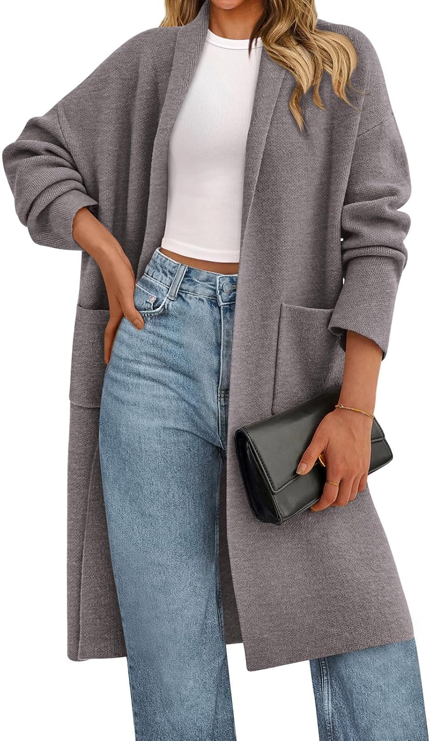 PRETTYGARDEN Long Sleeve Lapel Open Front Cardigan Sweaters for Women Trendy 2026 Oversized Spring Sweater Long Ladies Coats