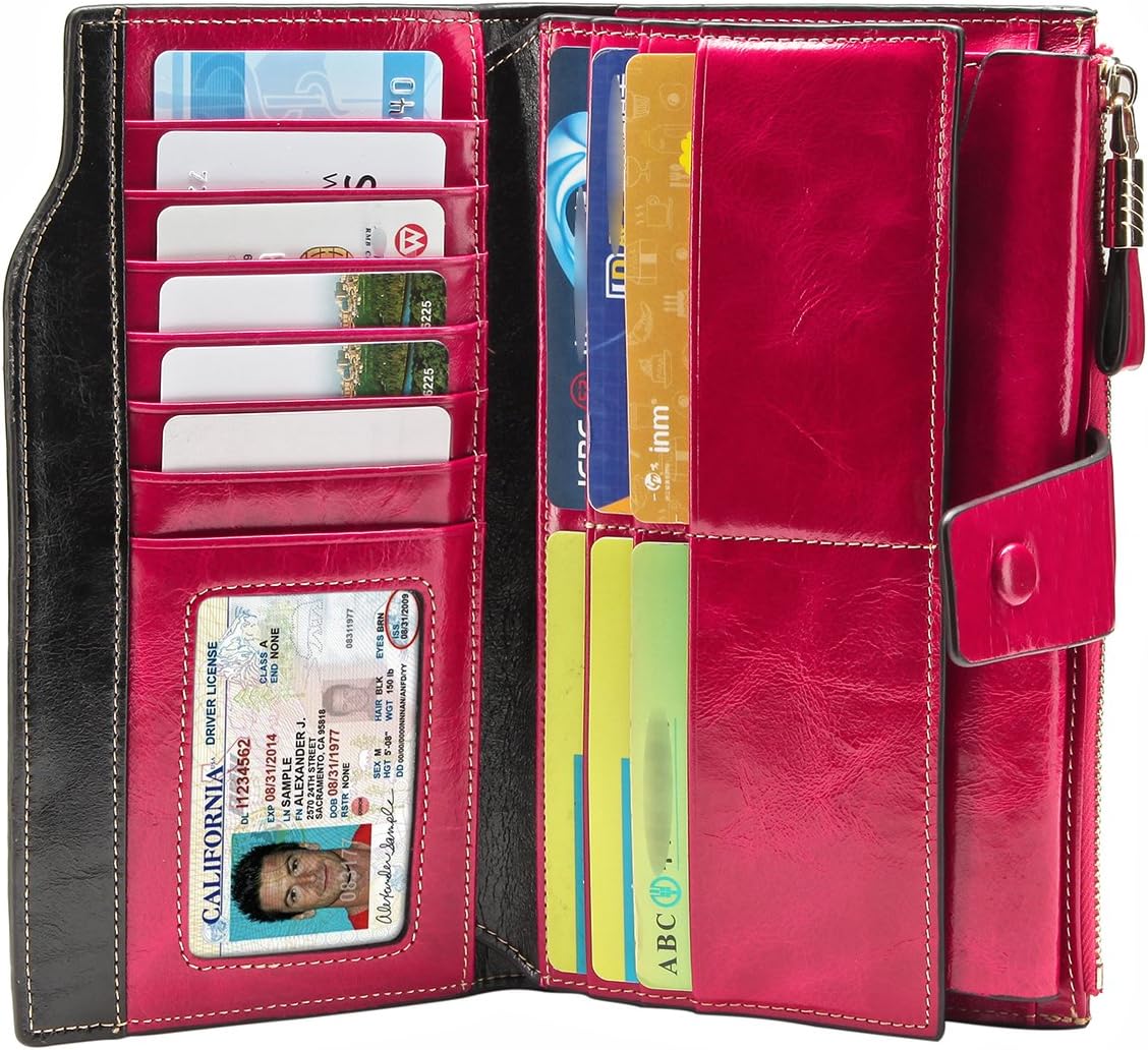 Women's Luxury Genuine Leather RFID Blocking Wallet Large Capacity Clutch with Card Holder (3rose)