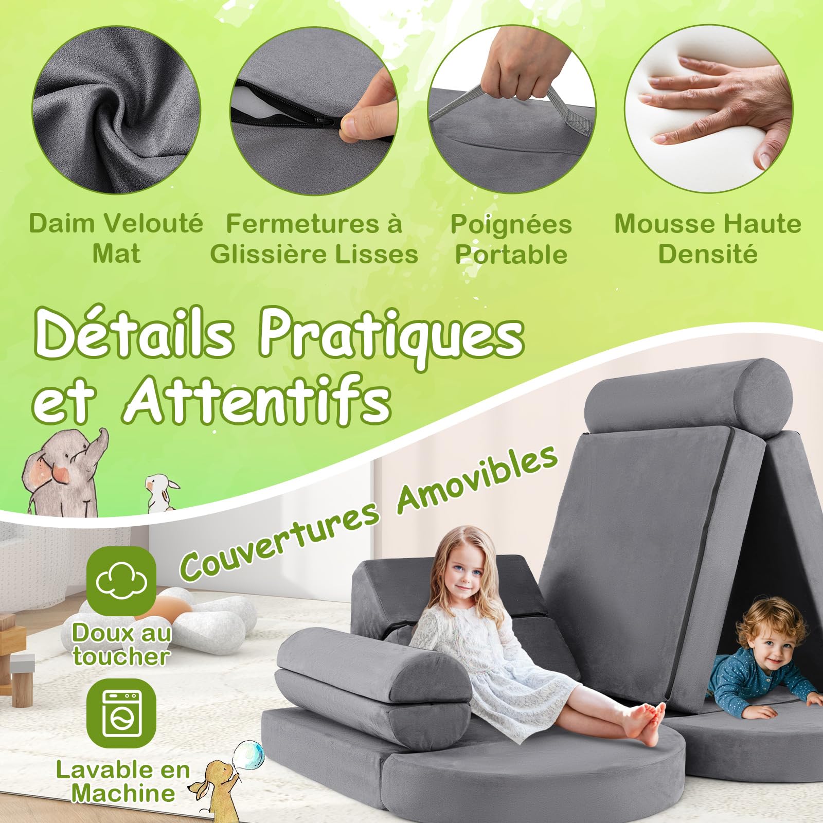 DREAMADE Canapé Modulable Enfants 3 PCS,Canapé Convertible