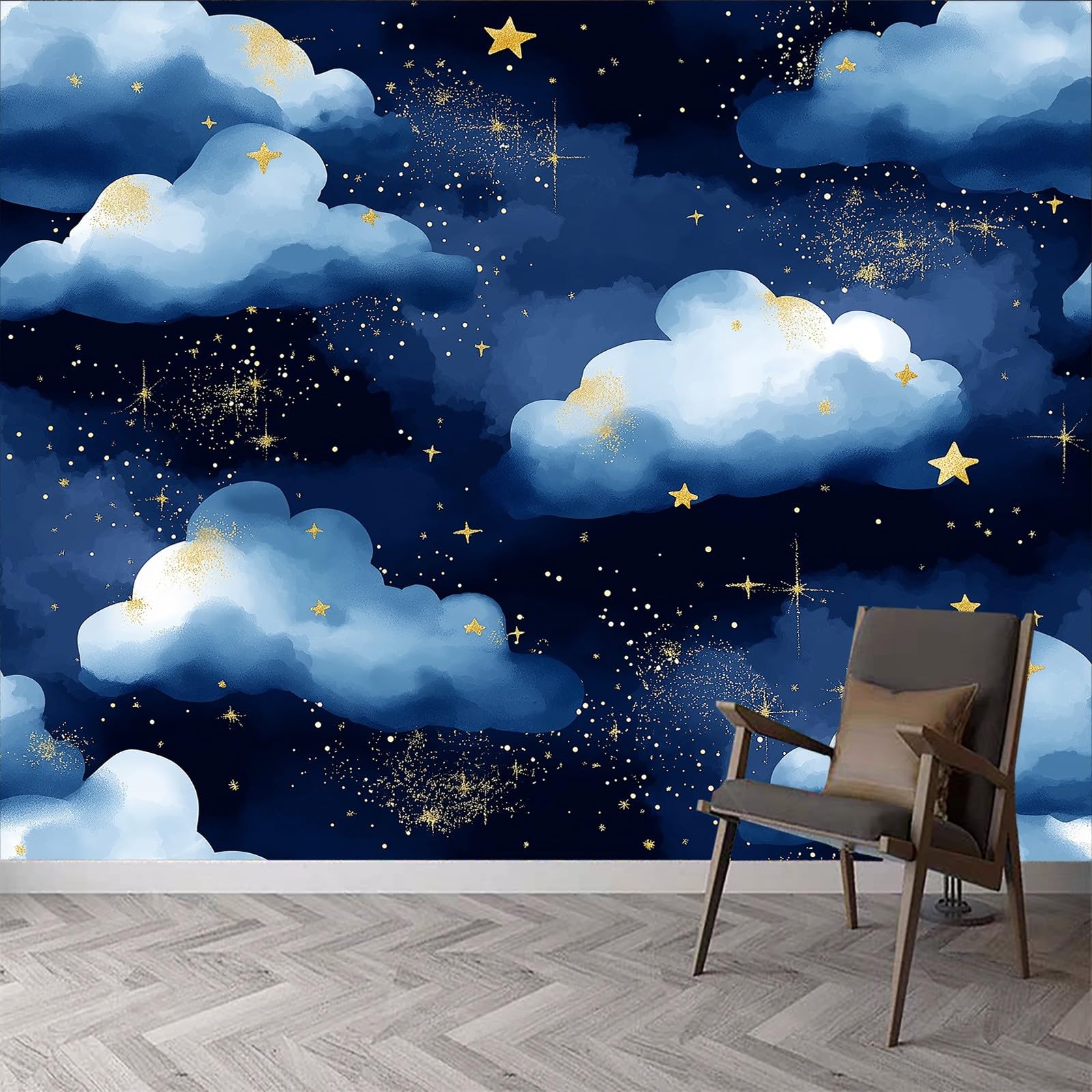 Fototapeta akwarelowa, chmury i gwiazdy, tapeta z włókniny, chmury akwarelowe, nowoczesna dekoracja ścienna, salon, sypialnia, biuro, korytarz, 400 x 280 cm (szer. x wys.)