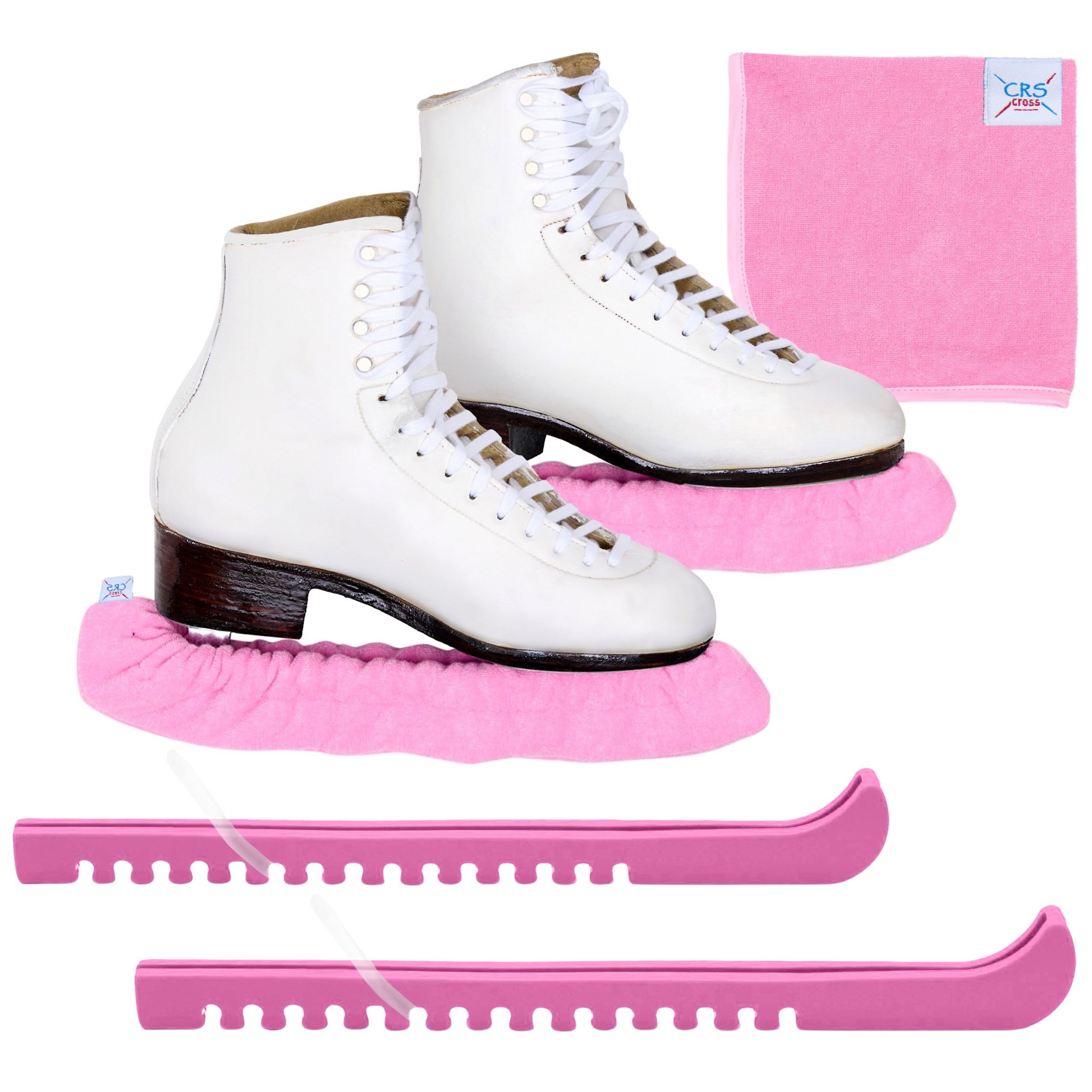CRS Cross Juego de protectores de patinaje sobre hielo, remojo y toalla, diseño de una pieza con cubiertas suaves de hoja de patinaje y toalla (par de protectores ajustables, no requiere montaje)