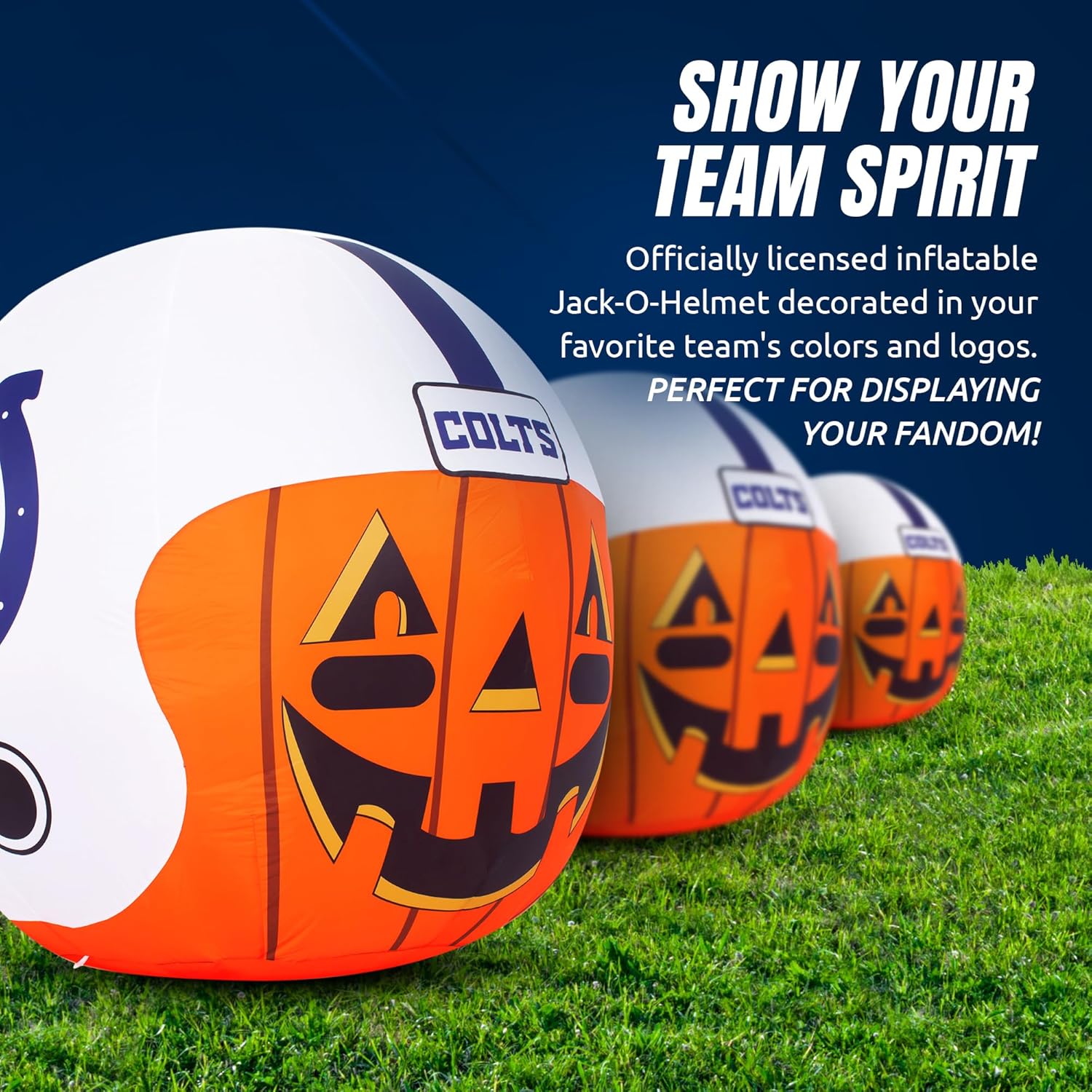 Sporticulture NFL Indianapolis Colts 4ft Inflatable Jack-O’-Helmet with LED Lights & Built-in Blower - Halloween Merchandise Decor Ideal for Lawn, Front Yard, and Backyard Party Decoration
