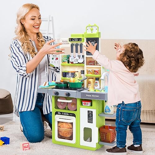 Miniatura 7 de HOLYFUN Juego de cocina para niños con sonidos, luces, estufa de cocina, fregadero y comida de juguete, cocina de juguete para niños pequeños (verde)
