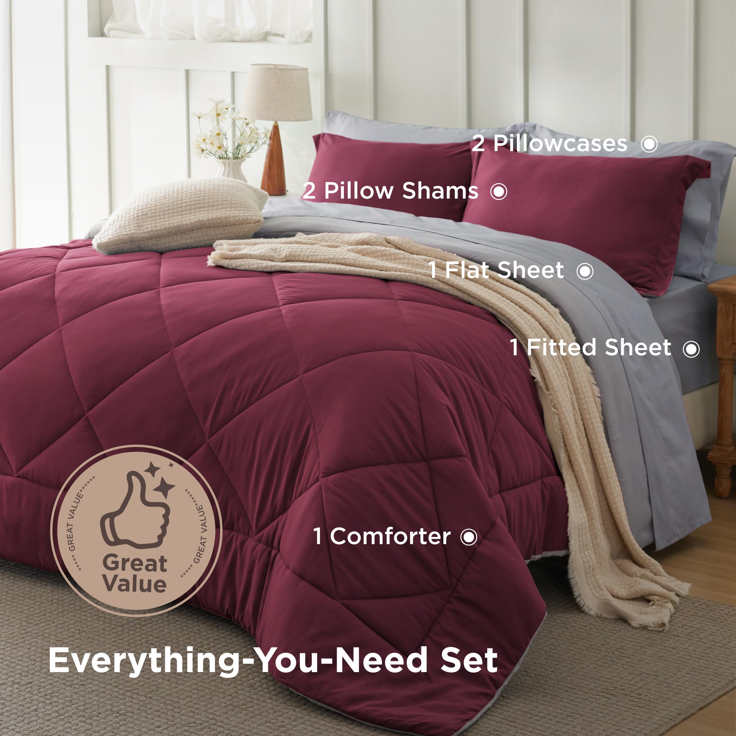 Burgundy Queen Size Comforter Set - 7 Piece Bed In A Bag, All-Season Quilted Reversible Bedding