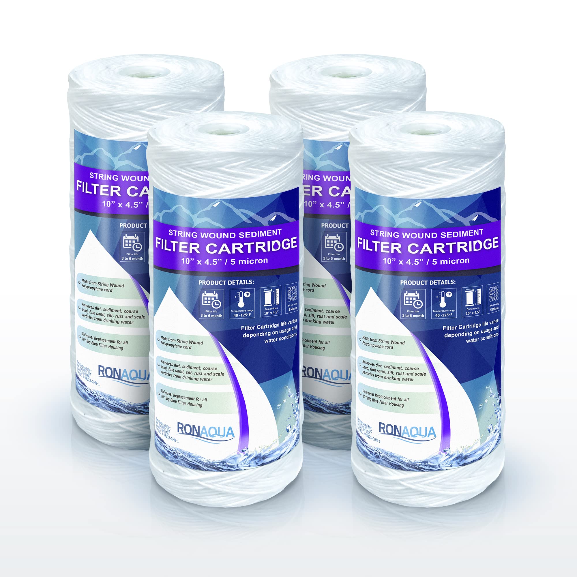 High Capacity Wound String 5 Micron Sediment Water Filter Cartridge 10” x 4.5” Removes Sand, Dirt, Silt, Rust, Extended Filter Life Compatible with 355215-45, 84637, PC10, WP1097P, WPX597P (4 Pack)