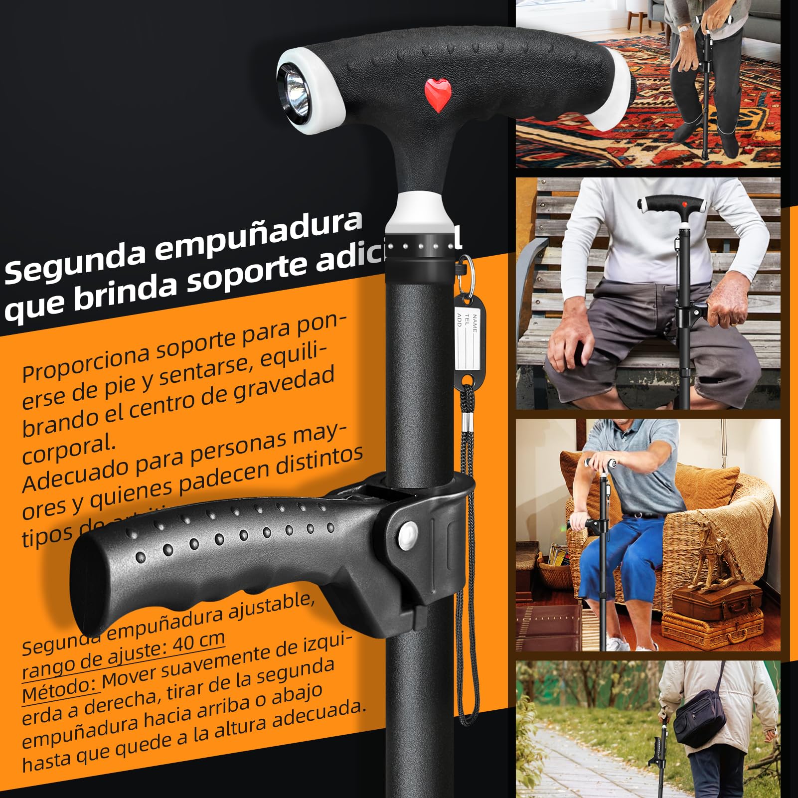 Bastón ajustable para hombre y mujer, con doble mango, ajustable, con luz LED, para personas mayores y personas con diferentes tipos de artritis