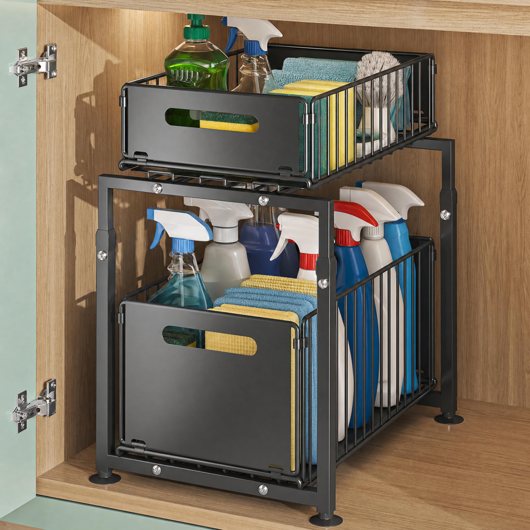 Organizer Sottolavello Cucina, Scaffale Estraibile da Cucina in Metallo a 2 Livelli, con Cassetti Scorrevoli, Organizzatore Armadio Cucina Bagno, Salvaspazio Portaoggetti per Piano Lavoro (Un Pezzi)