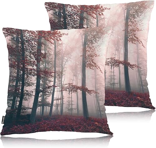 Swono Juego de 2 fundas de almohada de bosque brumoso, fundas de cojín cuadradas con árboles de otoño brumoso, paisaje, fundas de almohada