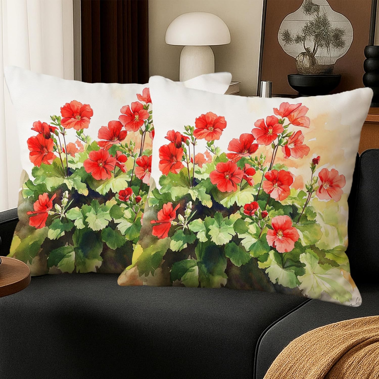 Spring Floral Pillow Covers Set of 2, Red Geranium Plant Throw Pillows Case, Outdoor Decorative Square Home Decor Cushion Covers for Sofa Bed Couch 32x32 Inch