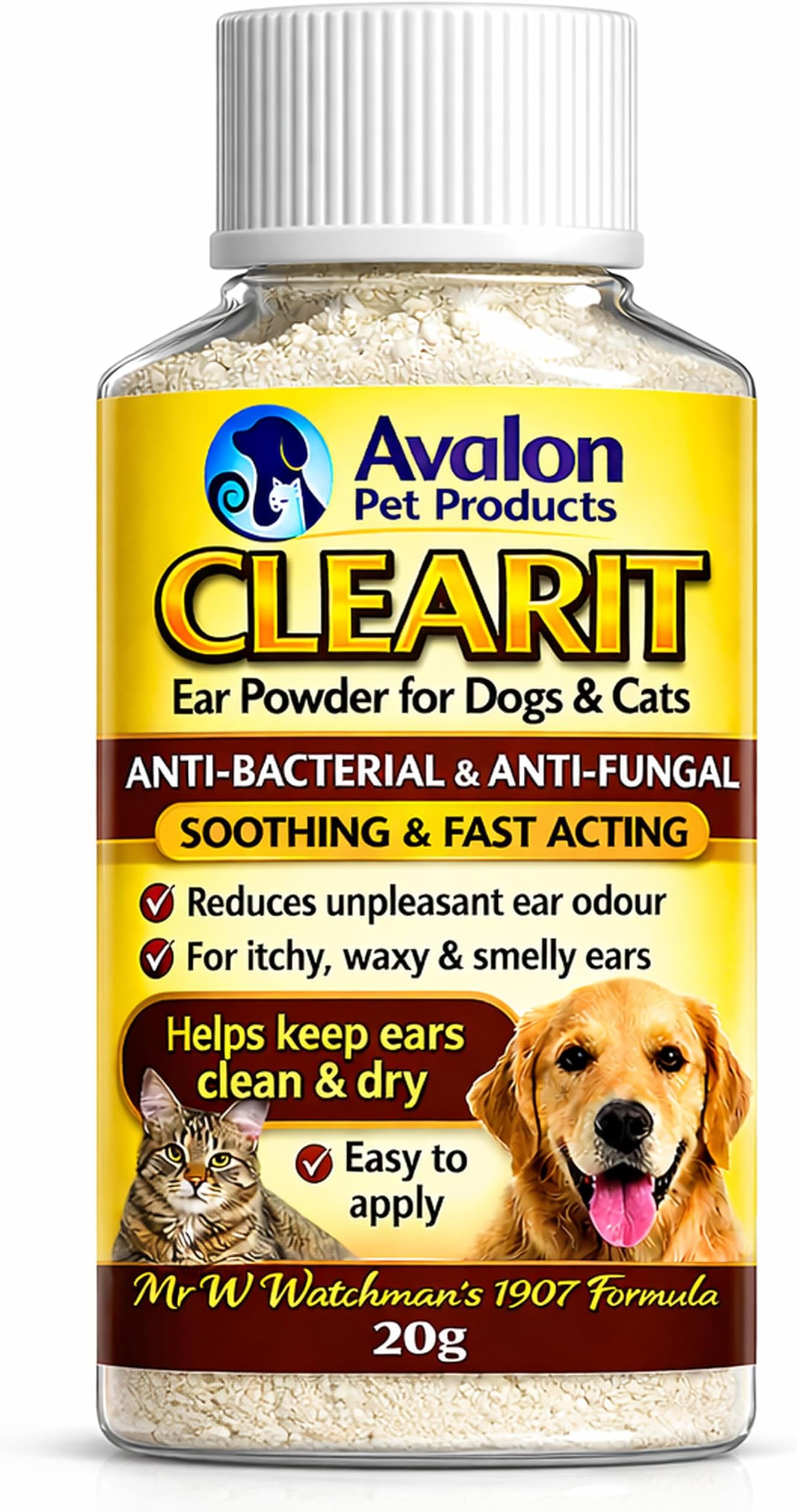 CLEARIT 20G Ear Powder for Dogs & Cats – Anti Bacterial & Anti Fungal Powder – Supports Yeast Control, Itching, Wax Build-Up & Odour - Helps Keep Ears Dry, Fresh & Comfortable –