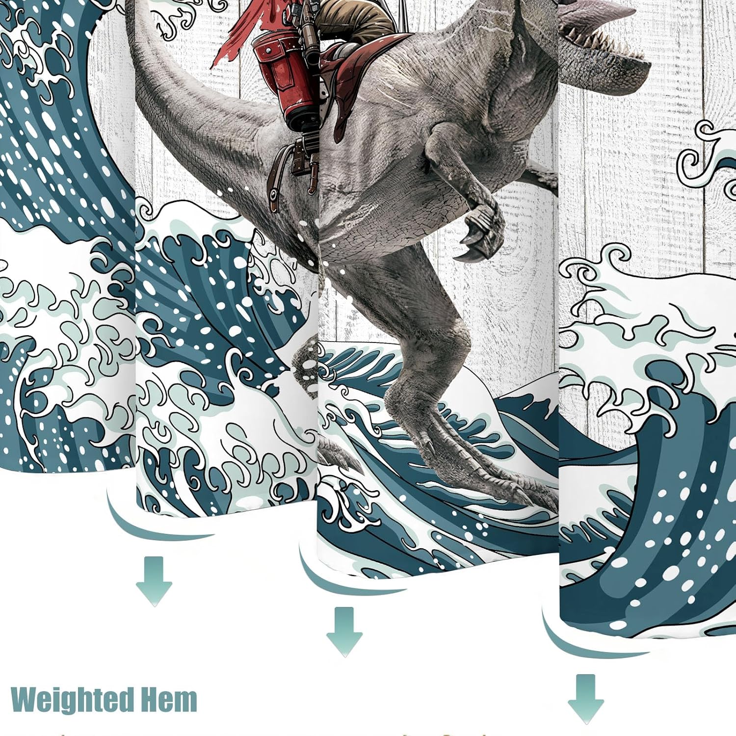 Funny Raccoon Dinosaur Shower Curtain 84 Inch Extra Long Fun Cool Animal Japanese Ocean Wave Shower Curtains for Bathroom Kids Unique Waterproof Fabric Rustic Wooden Farmhouse Bath Curtain Decor