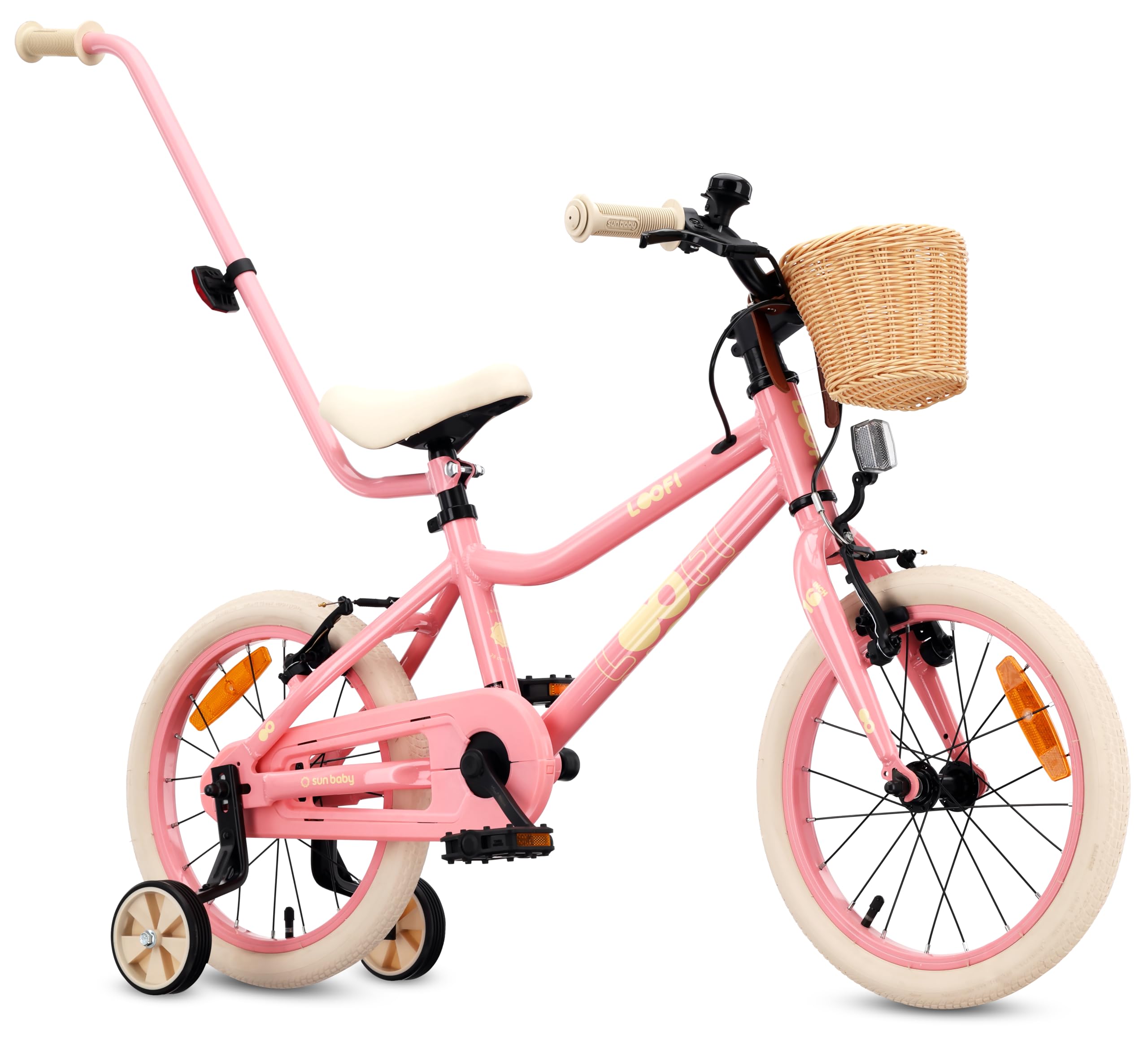 sun baby Vélo Enfant LOOFI 12 14 16 Pouces, Fille et Garçon 2-6 Ans, Max 50 kg - Cadre en Aluminium léger, avec Roues d'appoint, Panier, Sonnette, Autocollants