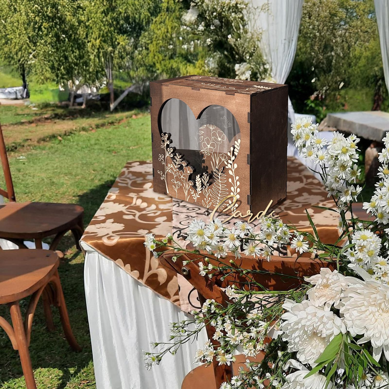 Scatola per biglietti di nozze e ricevimenti, in legno con cuore in acrilico, con finestra per biglietti e denaro, busta marrone per denaro
