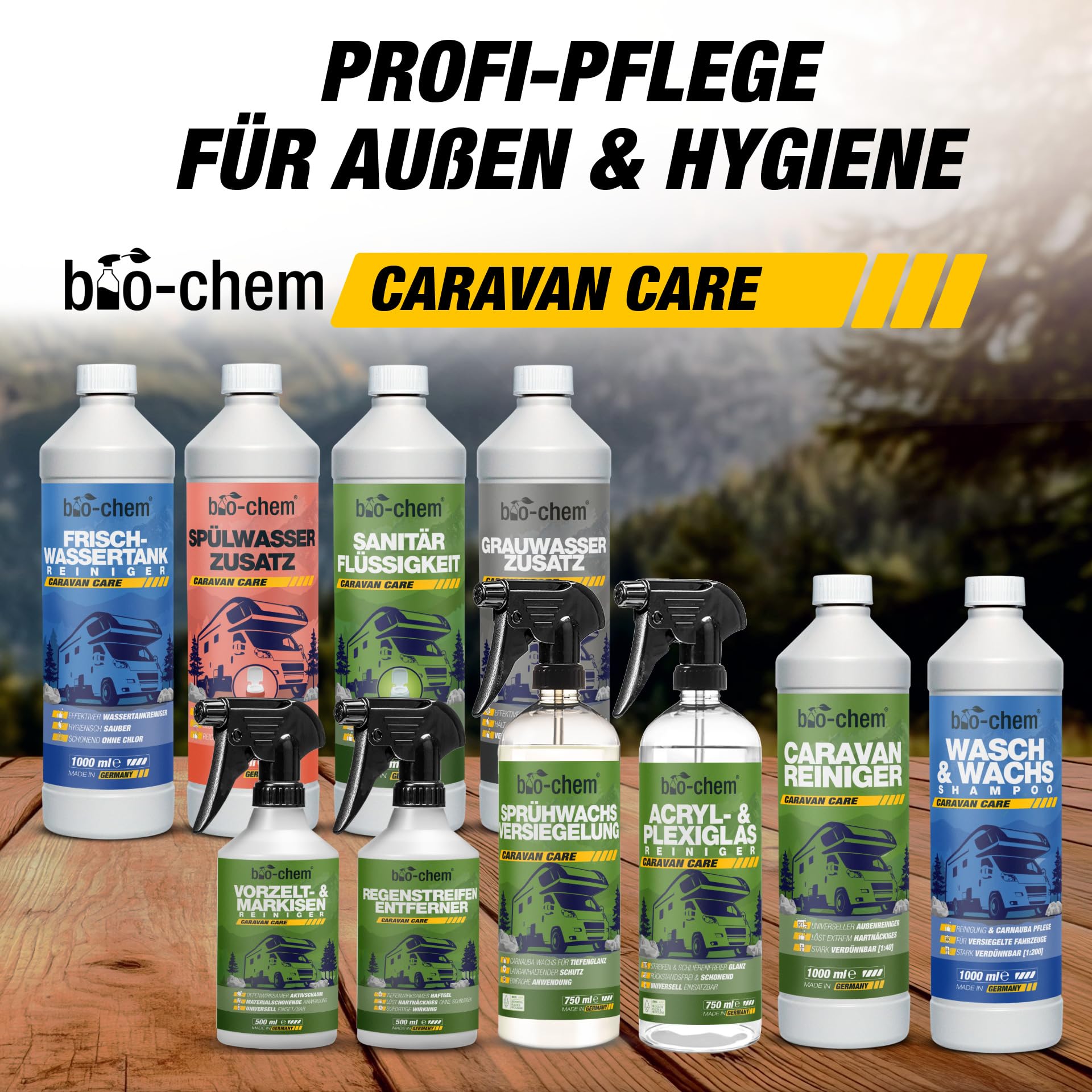 Bio-Chem środek do czyszczenia przyczep kempingowych i kamperów, bardzo mocny koncentrat, 2 x 1000 ml, środek czyszczący do przyczep kempingowych, przystawek namiotowych, środek do usuwania smug deszczu – Made in DE