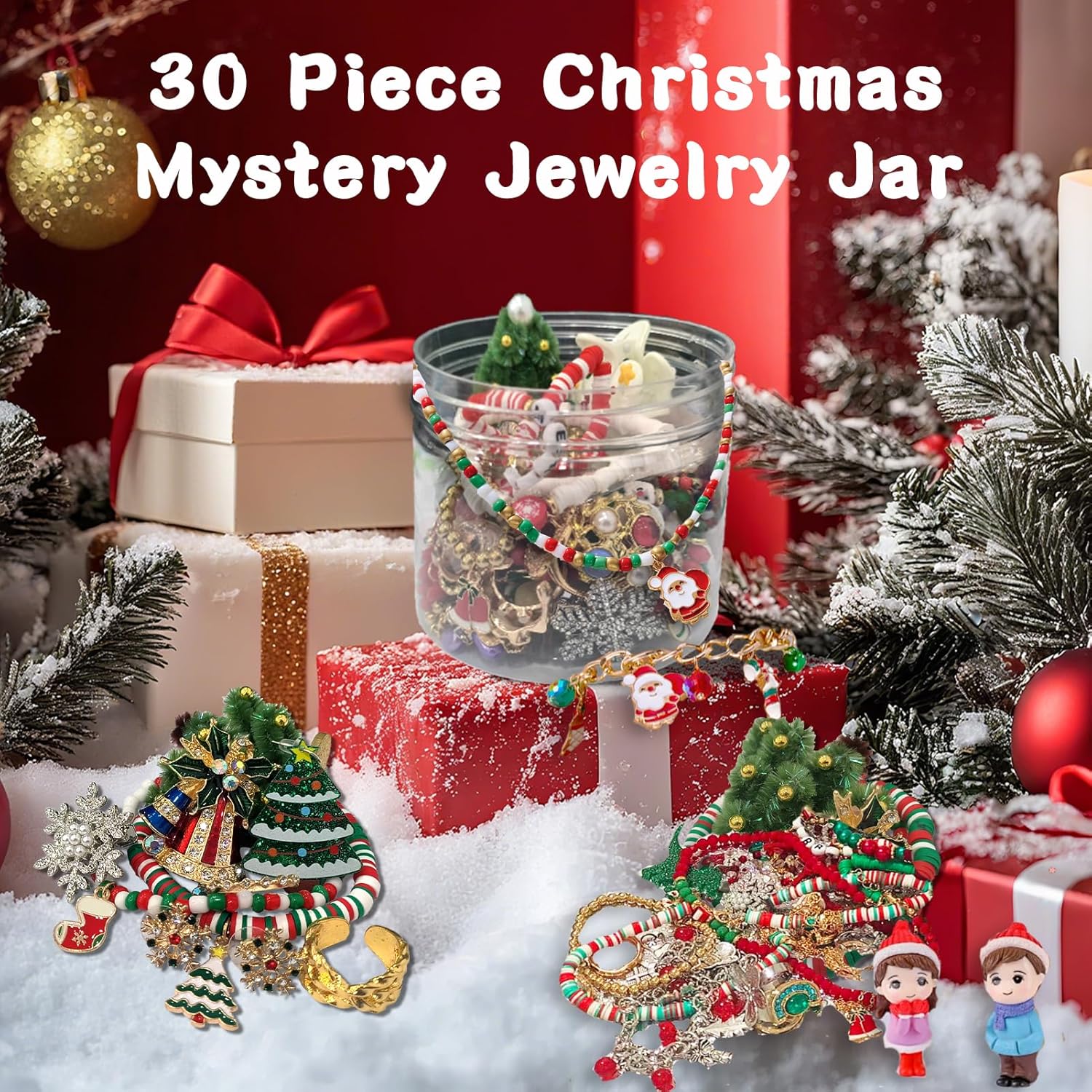 30 Piece Mystery Jewelry Jar -Christmas Style Mysterious Box, Multistyle Mystery Surprise Precious Stones, Birthday Gifts for Women, Jewelry Gift Set (Necklace, Earrings, Ring, Bracelet, Brooch) (Christmas Style Jars) - Image 2