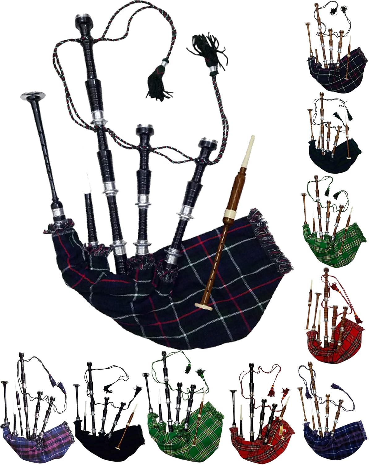 AAR Full size Rosewood Bagpipe Mackenzie Silver Plain Mounts Black Finish Scottish Highland Bagpipes with accessories