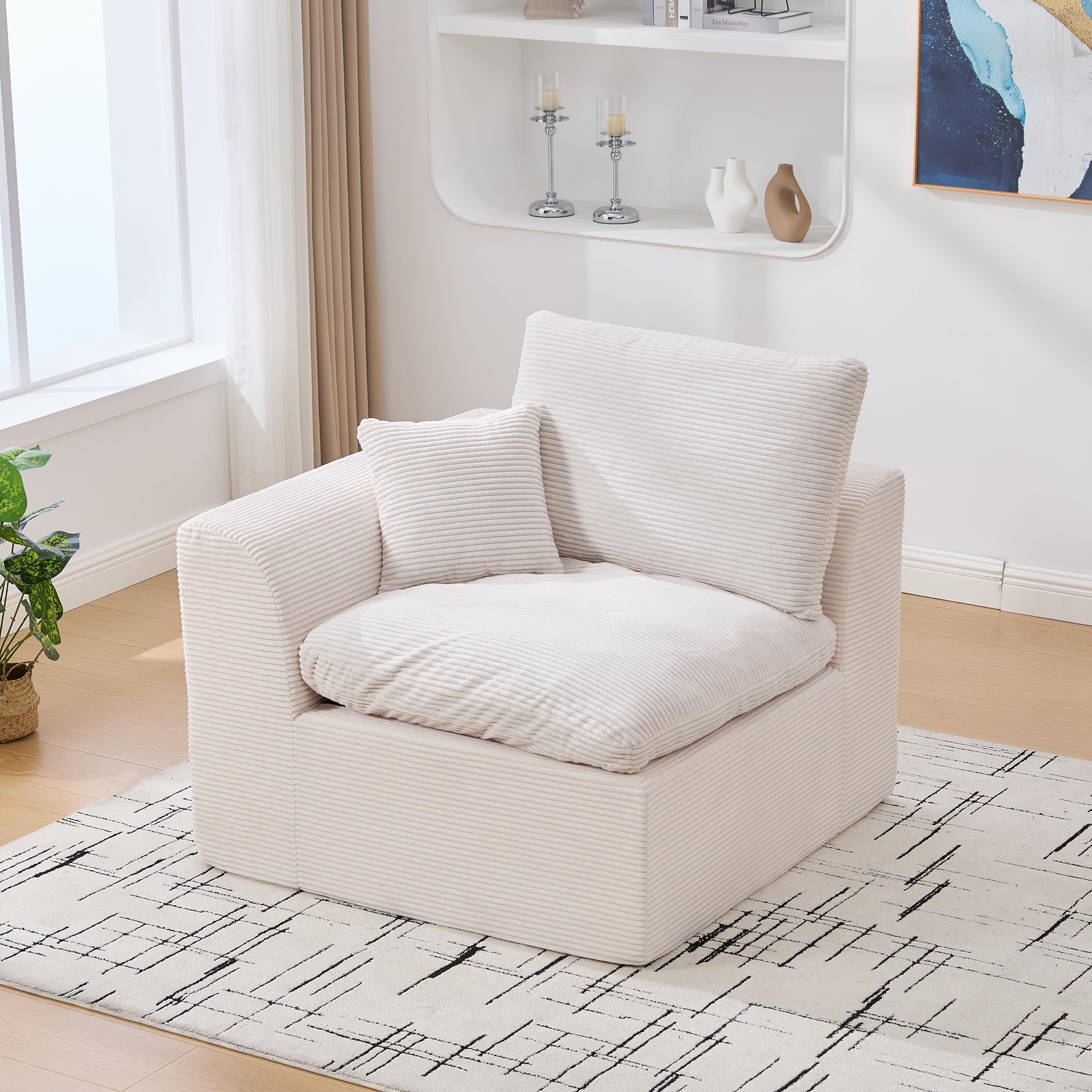 Einzelsitzer-Schlafsofa, Ecksofa mit Kissen Lieferbar, Modernes Cloud Couch im Nordischen, Boneless Couch, Compressed Sofa, Cordsofa, Ideal für Wohnzimmer/Home-Office, Beige