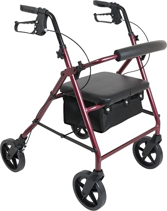 ProBasics 4 Wheel Medical Rolling Walker with Wheels, Seat, Backrest and Storage Pouch - Rollator Walker for Seniors- Durable Aluminum Frame Supports up to 300 lbs., 8-inch Wheels, Burgundy