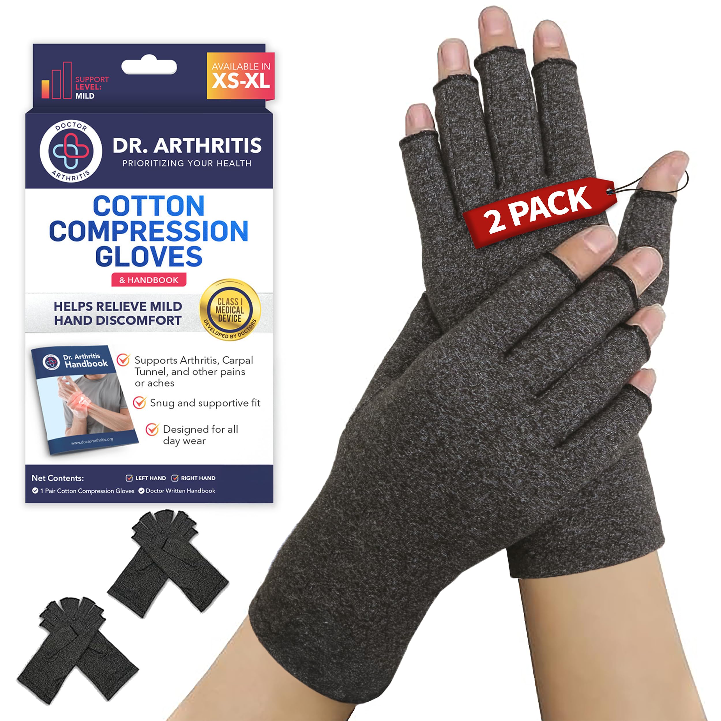 Dr. ArthritisDoctor Developed Arthritis Gloves For Women & Men - Compression Fingerless Gloves - Compression Gloves For Pain Relief, Arthritic Joint Relief & Carpal Tunnel With Dr Handbook, 2 Pairs (M)OEKO-TEX STANDARD 100