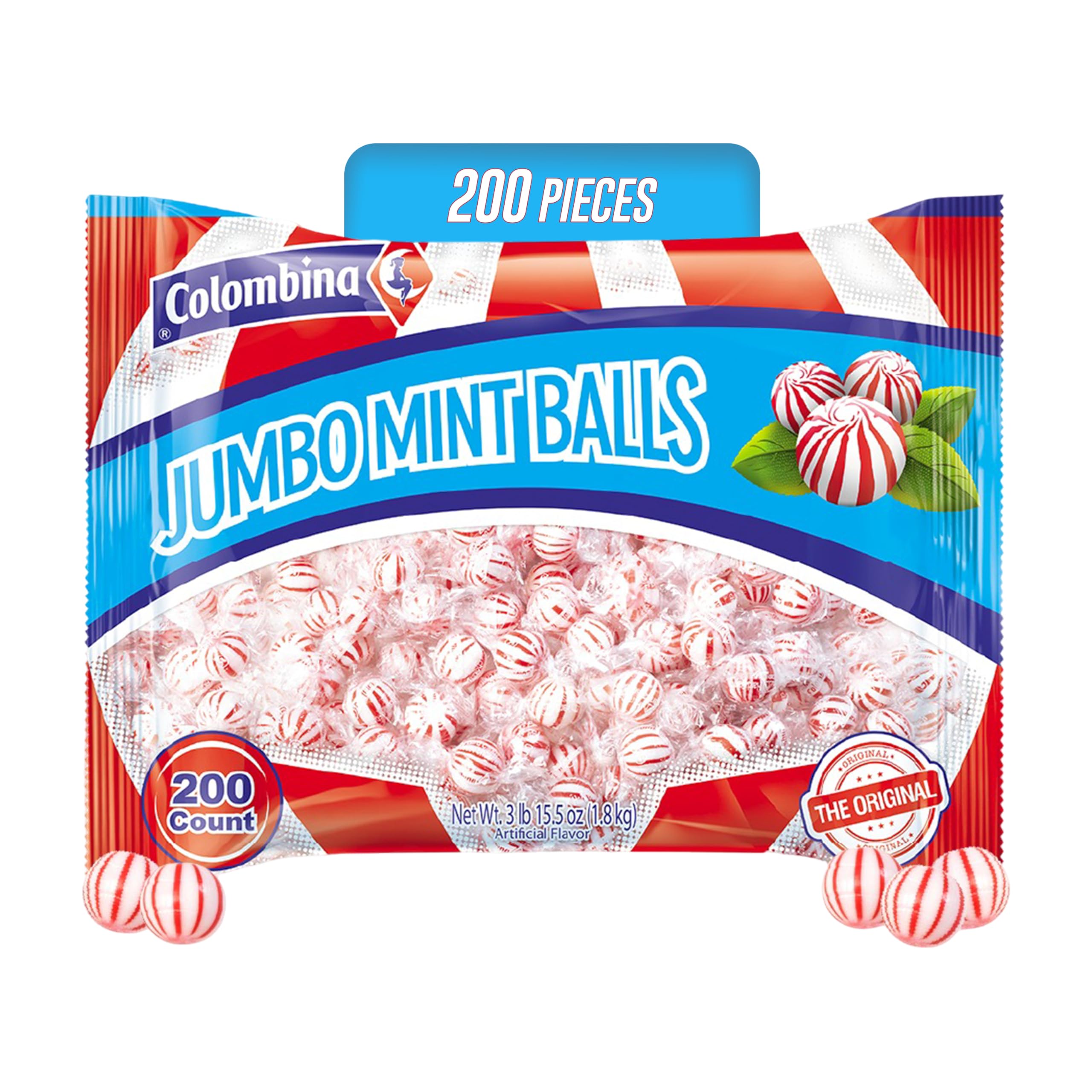 Colombina Jumbo Peppermint Balls, Individually Wrapped Red & White Hard Candy Delights, 4lbs (200 Count)