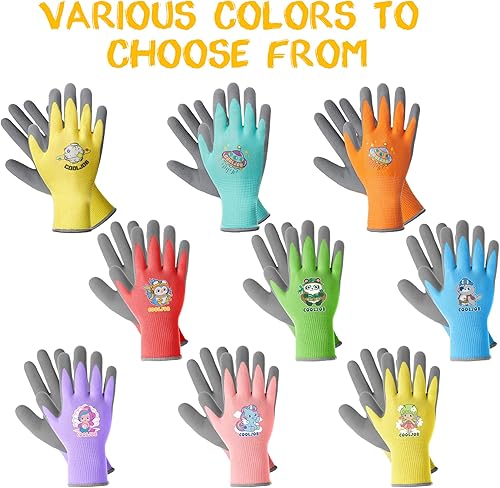 Miniatura 3 de COOLJOB 3 pares de guantes de jardinería para niños de 9 a 12 años, guantes de trabajo con revestimiento de goma agarre, color morado, rosa y