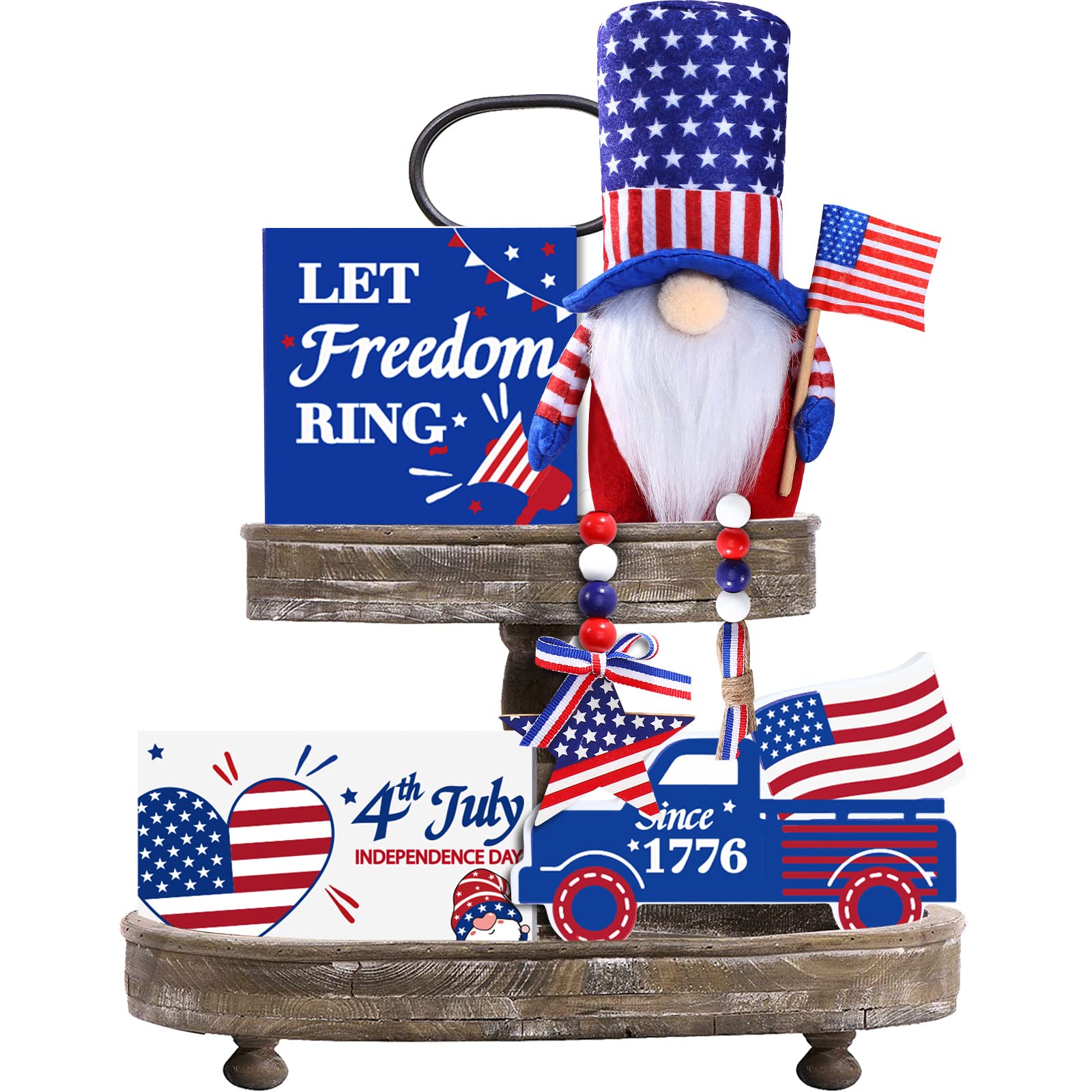 5 pcs 4th of July Gnome Tiered Tray Decor (Tray Not Included) - Patriotic Gnome Plush, Independence Day Wood Signs, Wooden Bead Garland with Star for Memorial Day and 4th of July Decoration