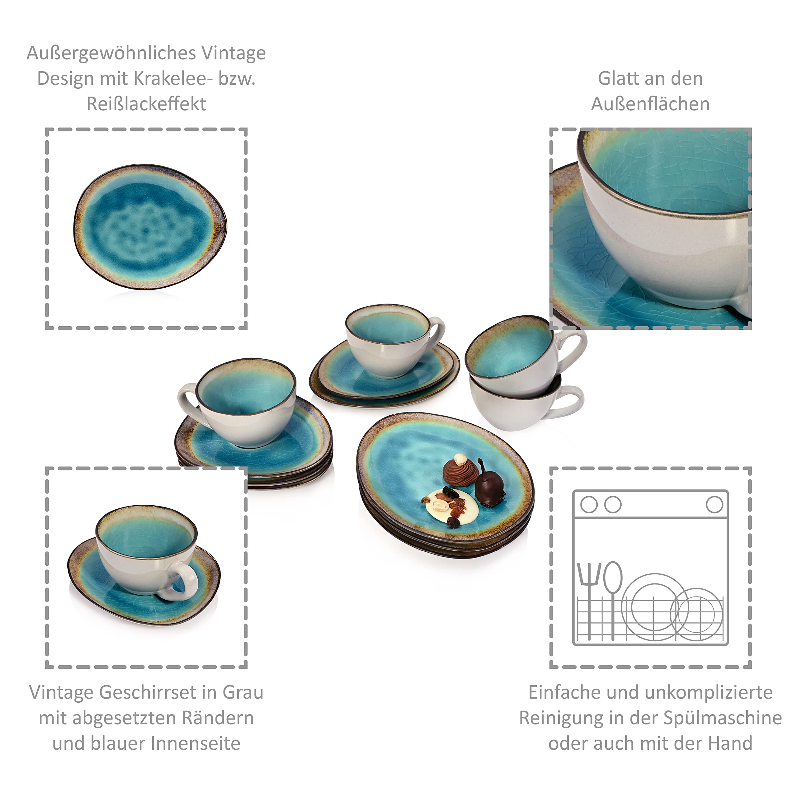Sänger | Kaffeeservice Capri aus Steingut, Kaffeetassen Set für 4 Personen, Kaffeebecher, Untersetzer, Teller, Kaffee Tassen Sets 12-teilig, Kaffeebecher Set mit Steingut Becher | PREMIUM COLLECTION