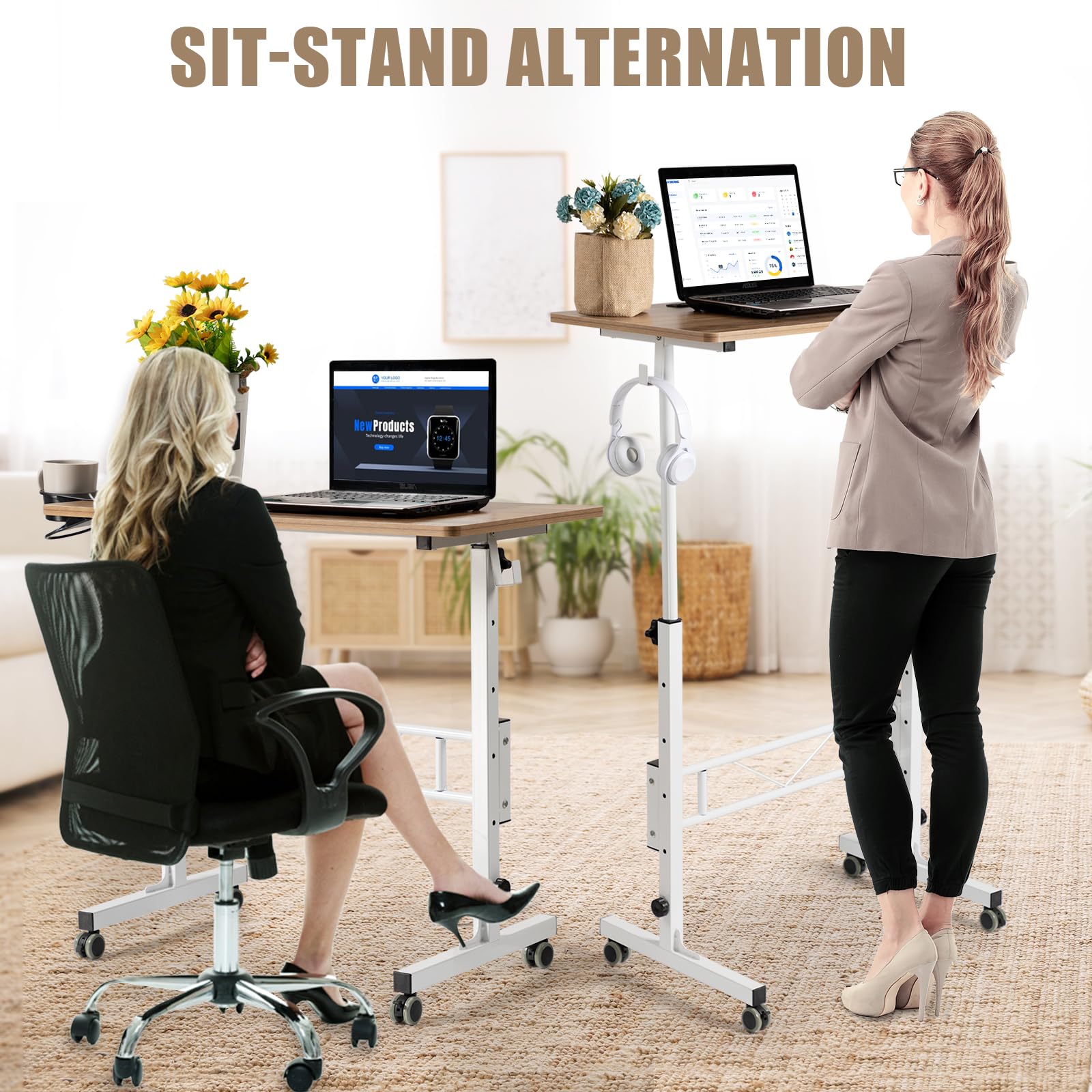 SIDUCAL Small Standing Desk Adjustable Height Small Mobile Stand Up Desk with Wheels Rolling Desk for Standing or — view 4