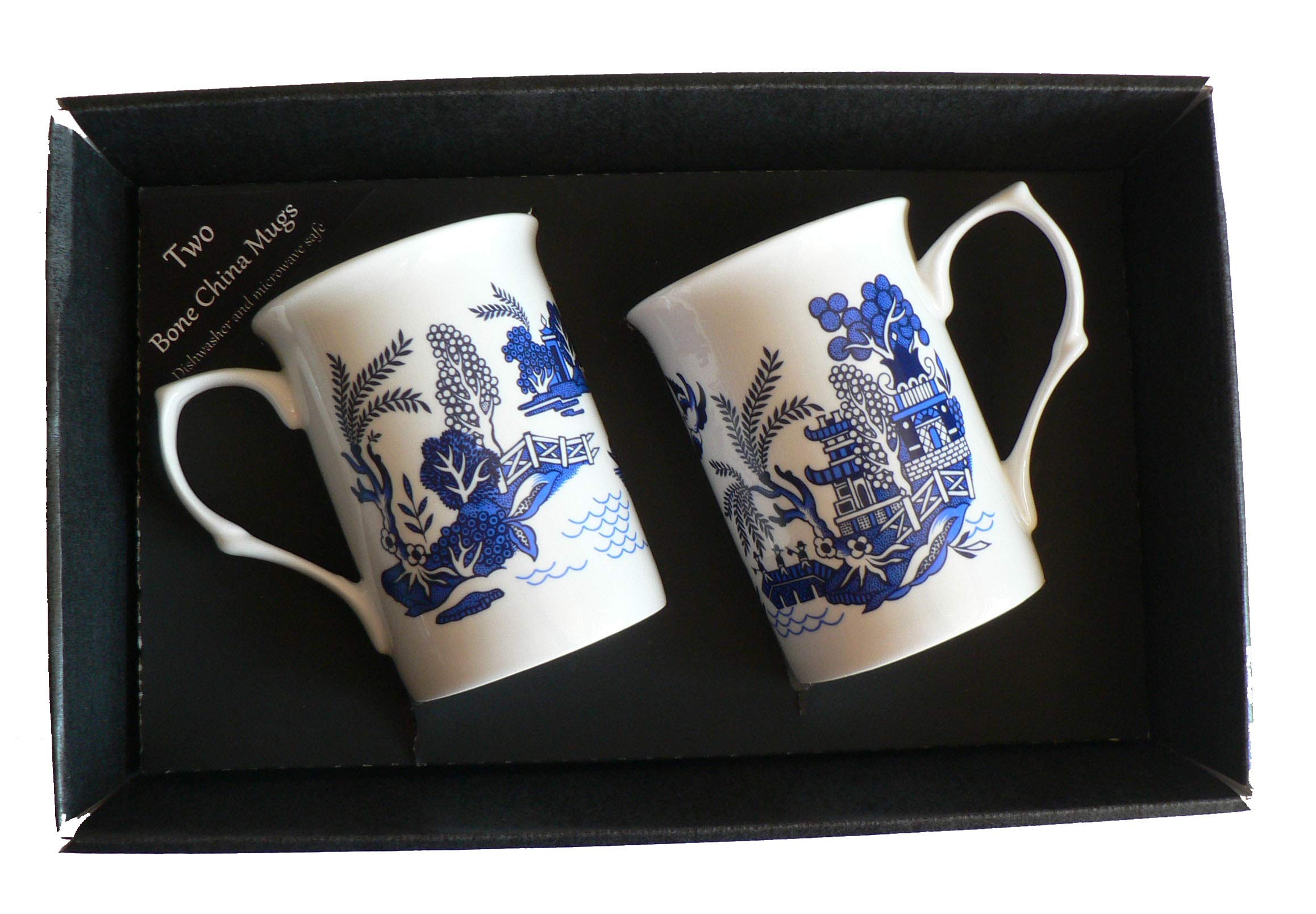 Blue Willow Mugs Gift Set 2 x Bone China Blue Willow Mugs in Black Gift Tray