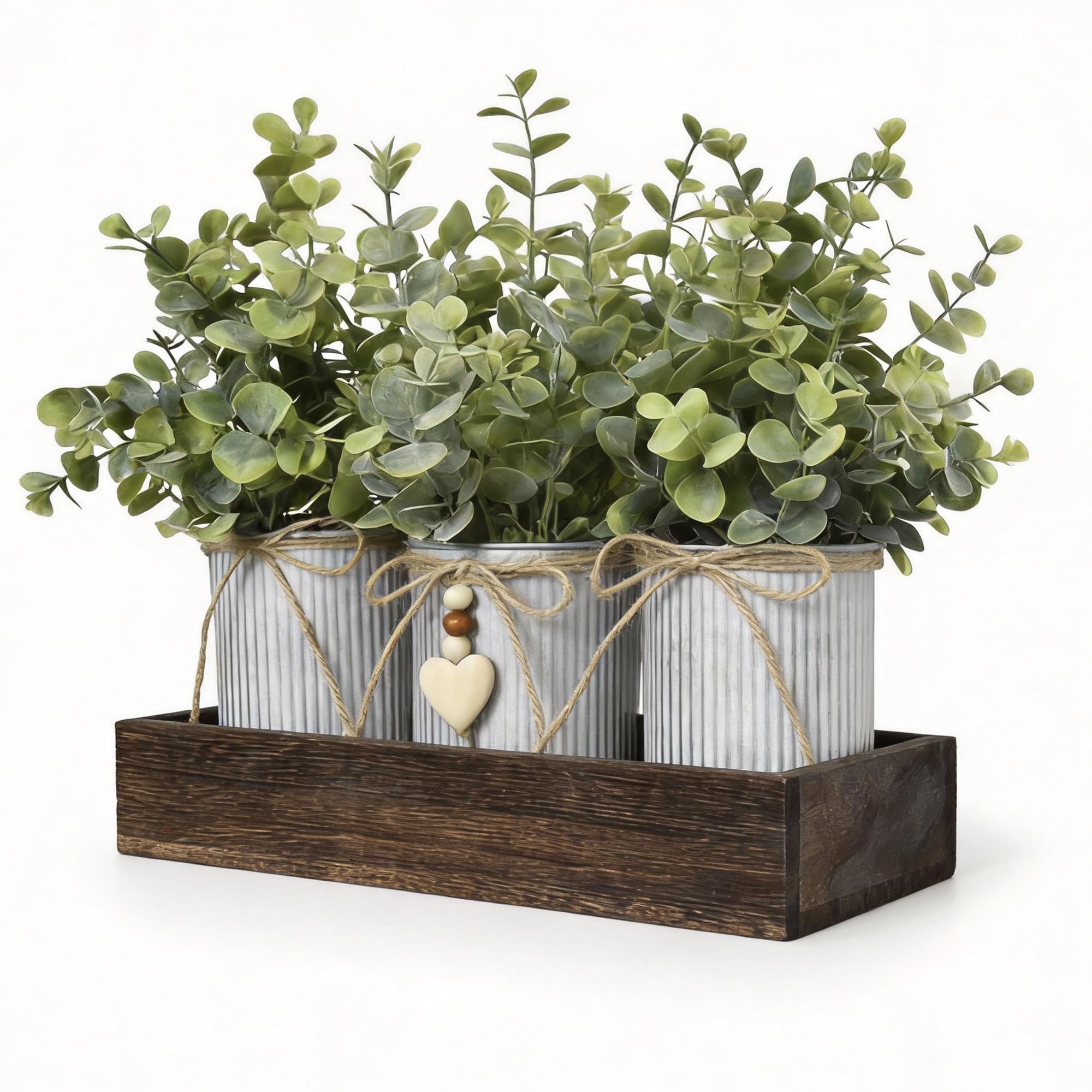 UoYeet Artificial Eucalyptus Table Centerpiece with Wood Try and Metal Pots for Decoration, Rustic Farmhouse Faux Greenery Arrangements for Home Kitchen Coffee Table