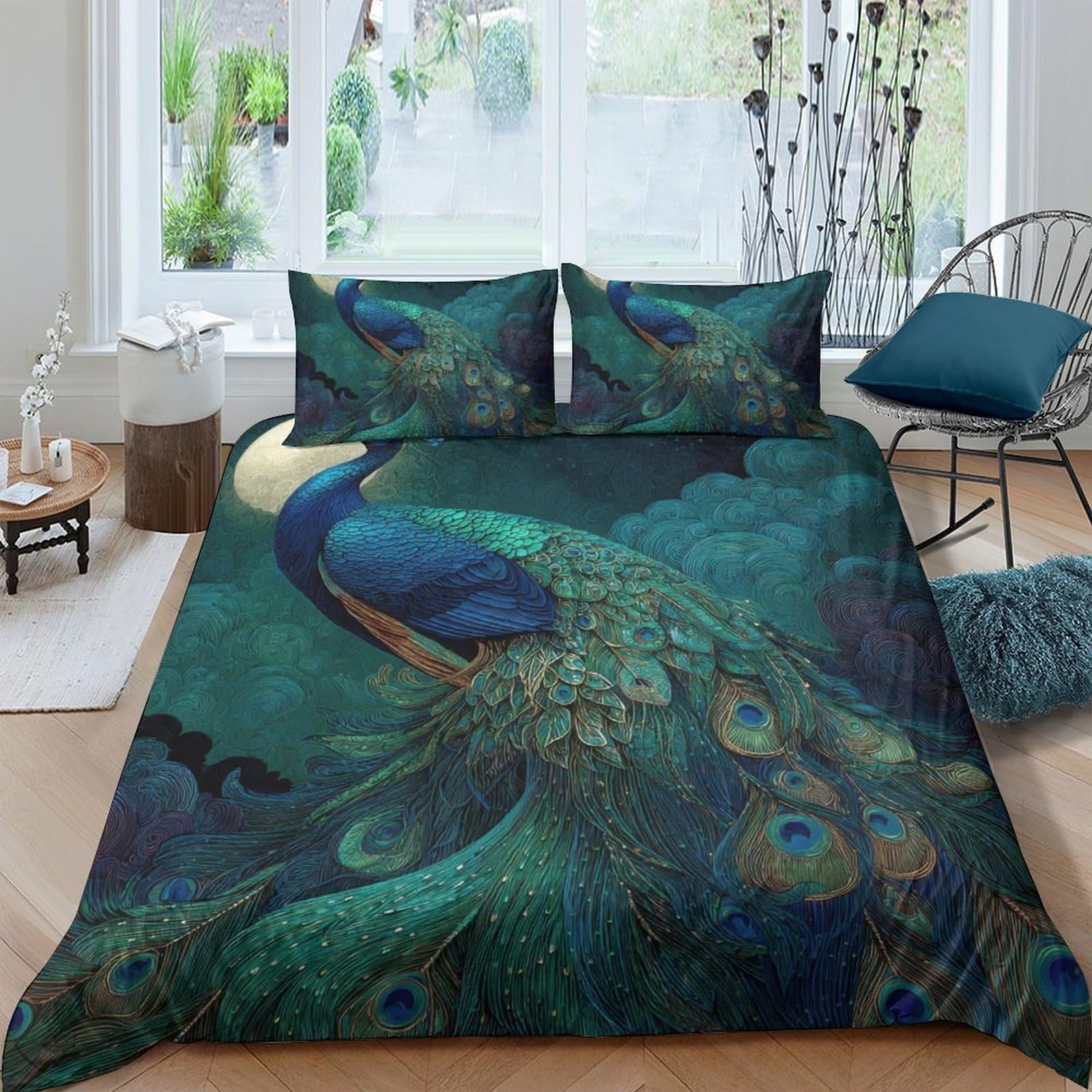 Ctjqhvkz Style-1 3D Printed Peacock Feather Fitted Sheet Microfiber Soft Green Blue Bird Mattress Cover For Bedroom Dorm Easy Care Decor Single（135X200cm）
