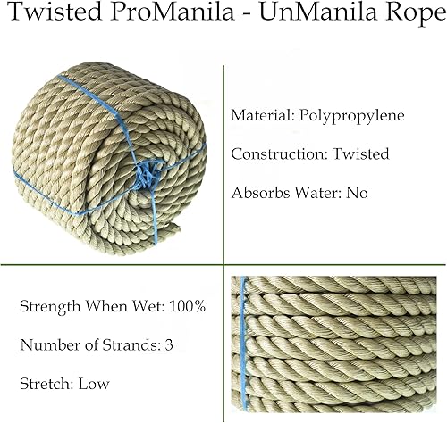 Miniatura 4 de ProManila UnManila - Cuerda de polipropileno trenzado de 3 hebras, cuerda sintética ligera para proyectos de bricolaje, marina, comercial,