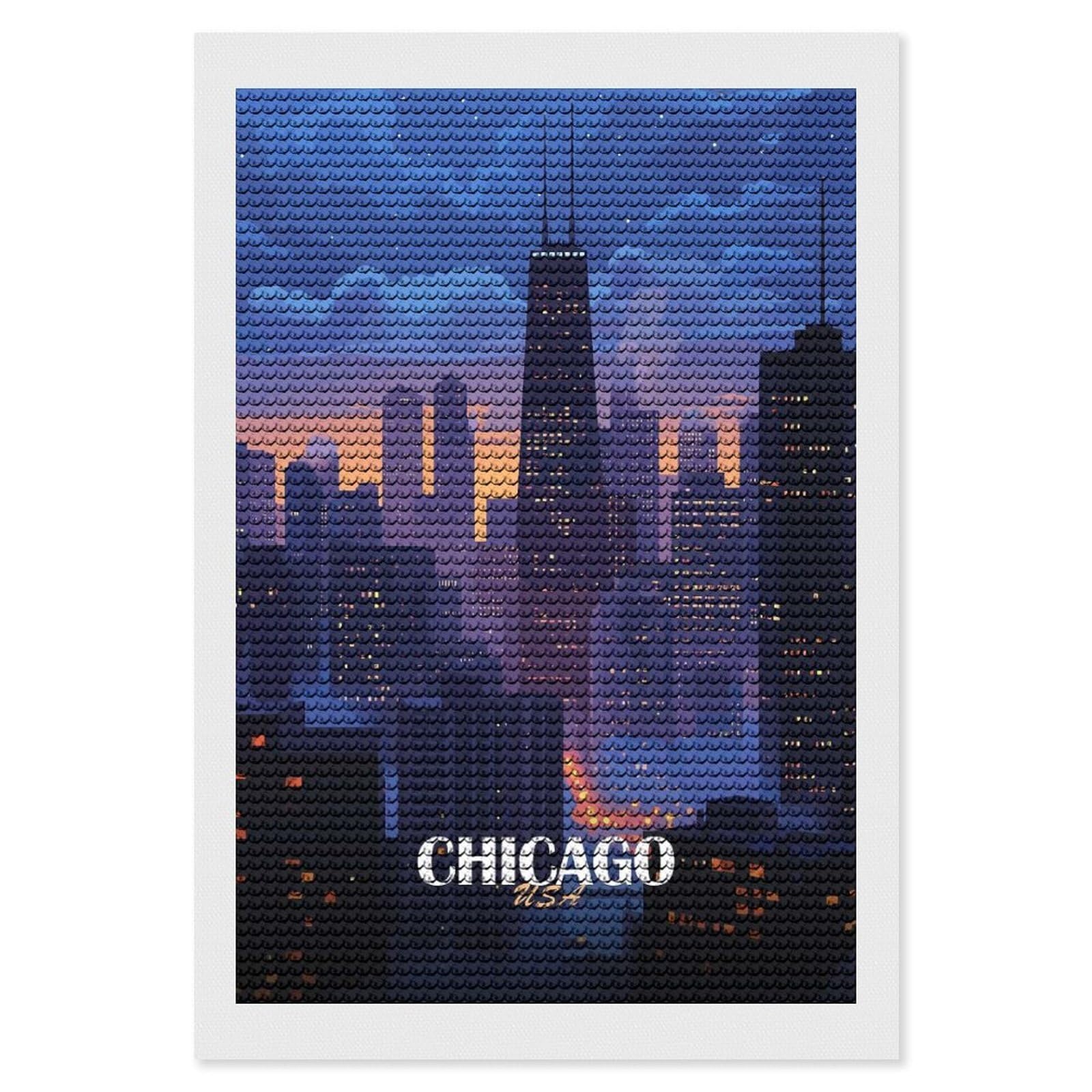 Junmoney Chicago Cityscape at Dusk Diamond Painting Canvas Kit 8"x12", Adhesive Canvas, Living Room Decor, Farmhouse Decor, Winter Craft