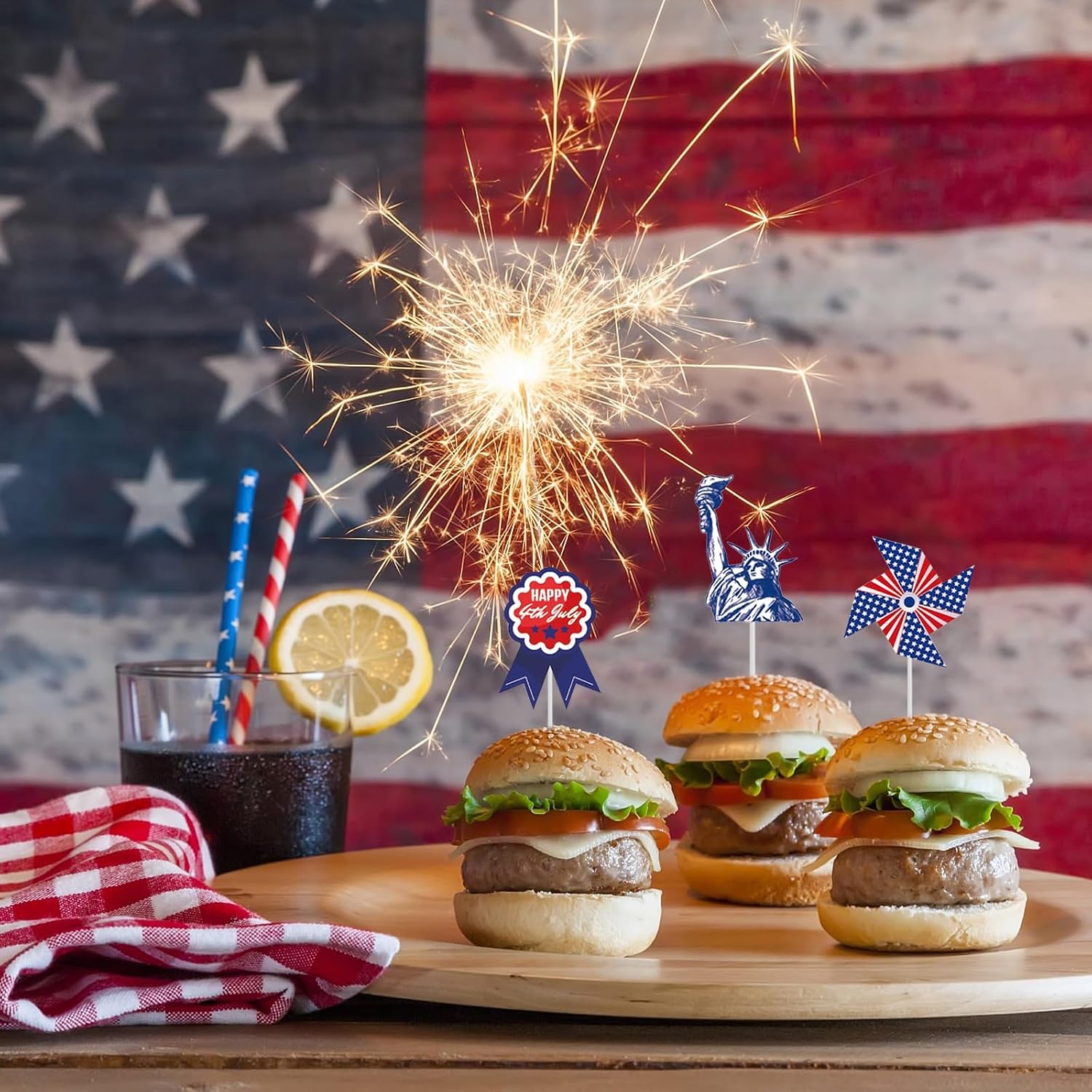 24Pcs Independence Day Decorations Cupcake Toppers, 4th Of July Cake Decor Patriotic Toothpicks With Firework Star USA American Flag Red Blue Picks DIY Table Centerpieces For Memorial Day Party Supply