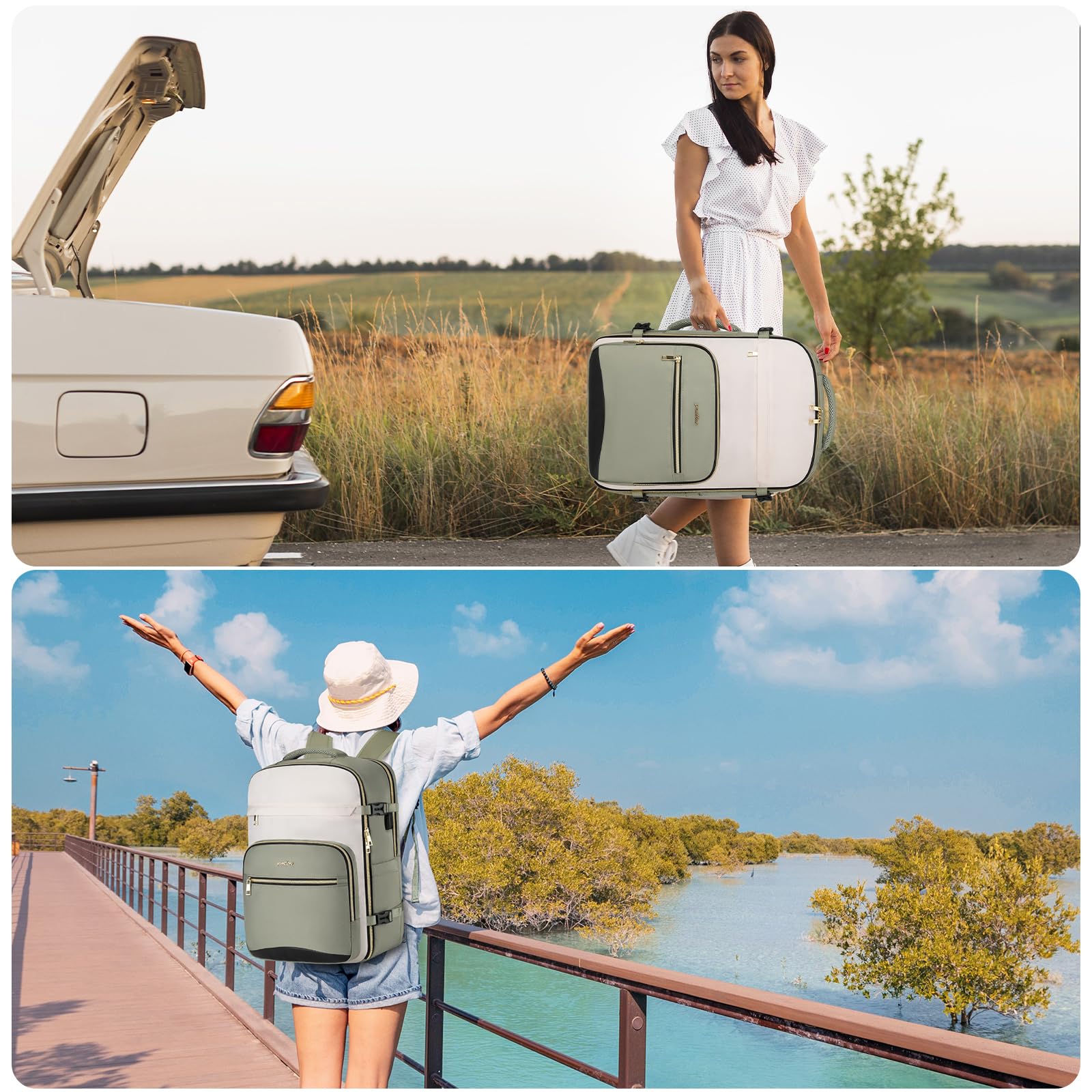 YAMTION Sac à dos de voyage cabine femme Vert avec 4 cubes de rangement, sac de week-end adapté aux vols, idéal pour les affaires, la randonnée, le travail, l'école et les études