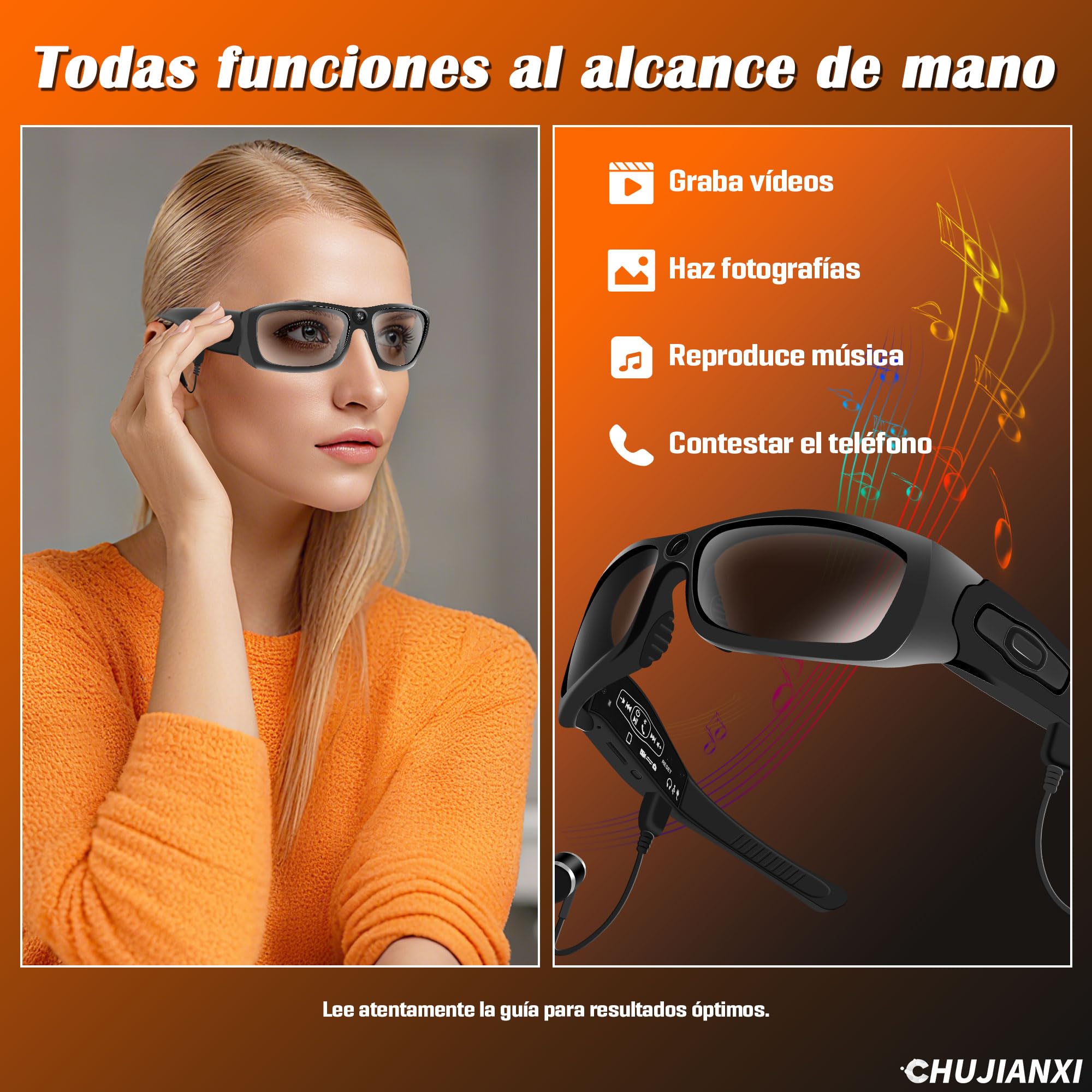 Mini cámara, Gafas con cámara y Bluetooth, Gafas de vídeo 1080p | Gafas de sol con cámara y lentes polarizadas UV400, gafas con cámara portátiles para deportes al aire libre, ciclismo