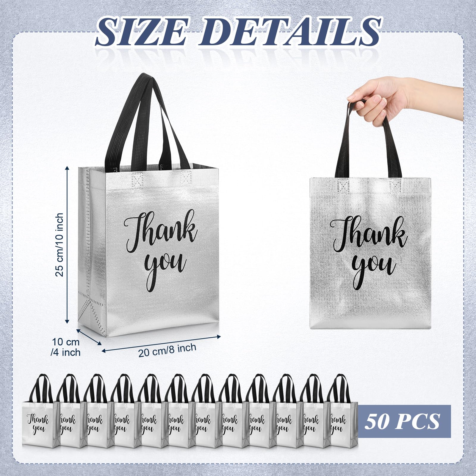 Fumete 50 Pcs Silver Glossy Thank You Gift Bag with Handles 8 x 4 x 10 Inch Non Woven Reusable Gift Bags for Graduation Fathers Day Wedding Birthday Party Engagement Anniversary Holidays