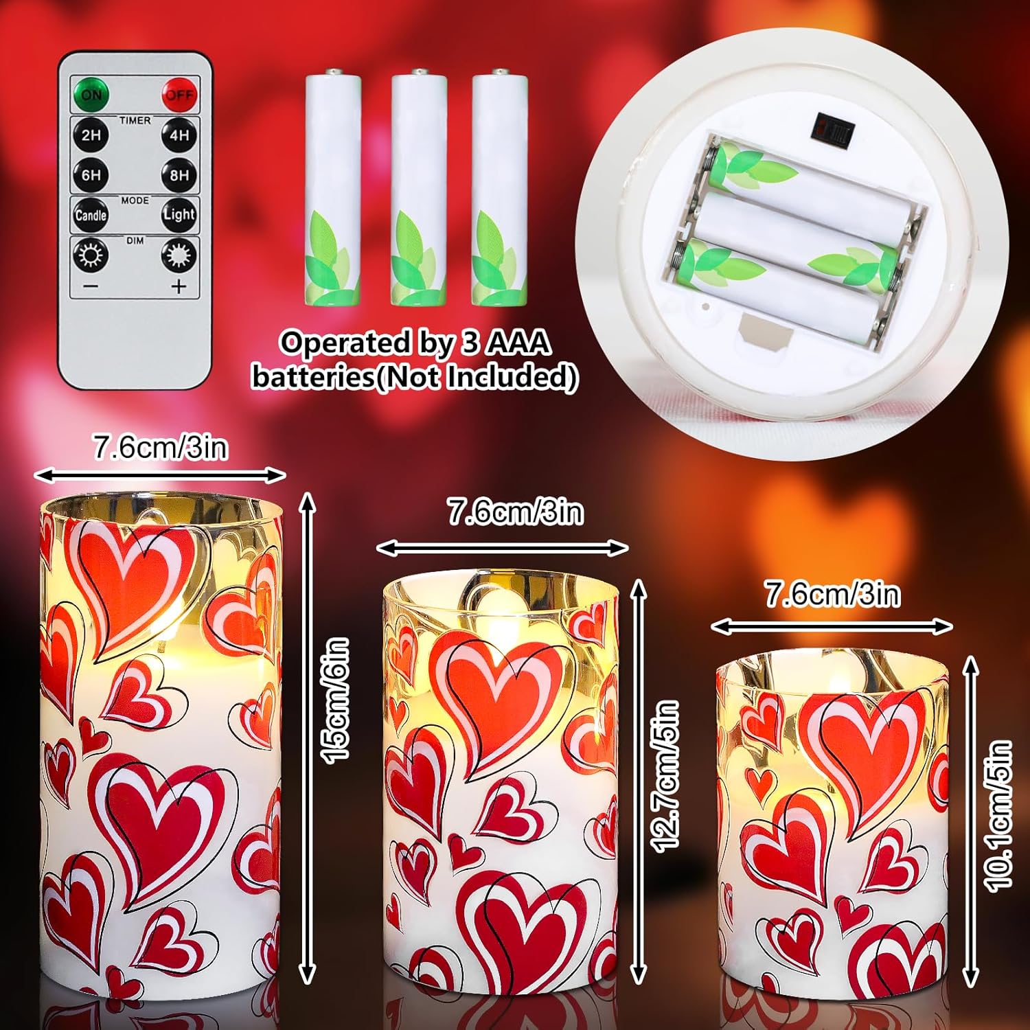 Lebaley 3PCS Valentine Flameless Candles with Remote Love Heart Pillar Candle Battery Operated LED Candles Glass Heart Shaped Valentine Candles for Wedding Anniversary Romantic Night (Style1)