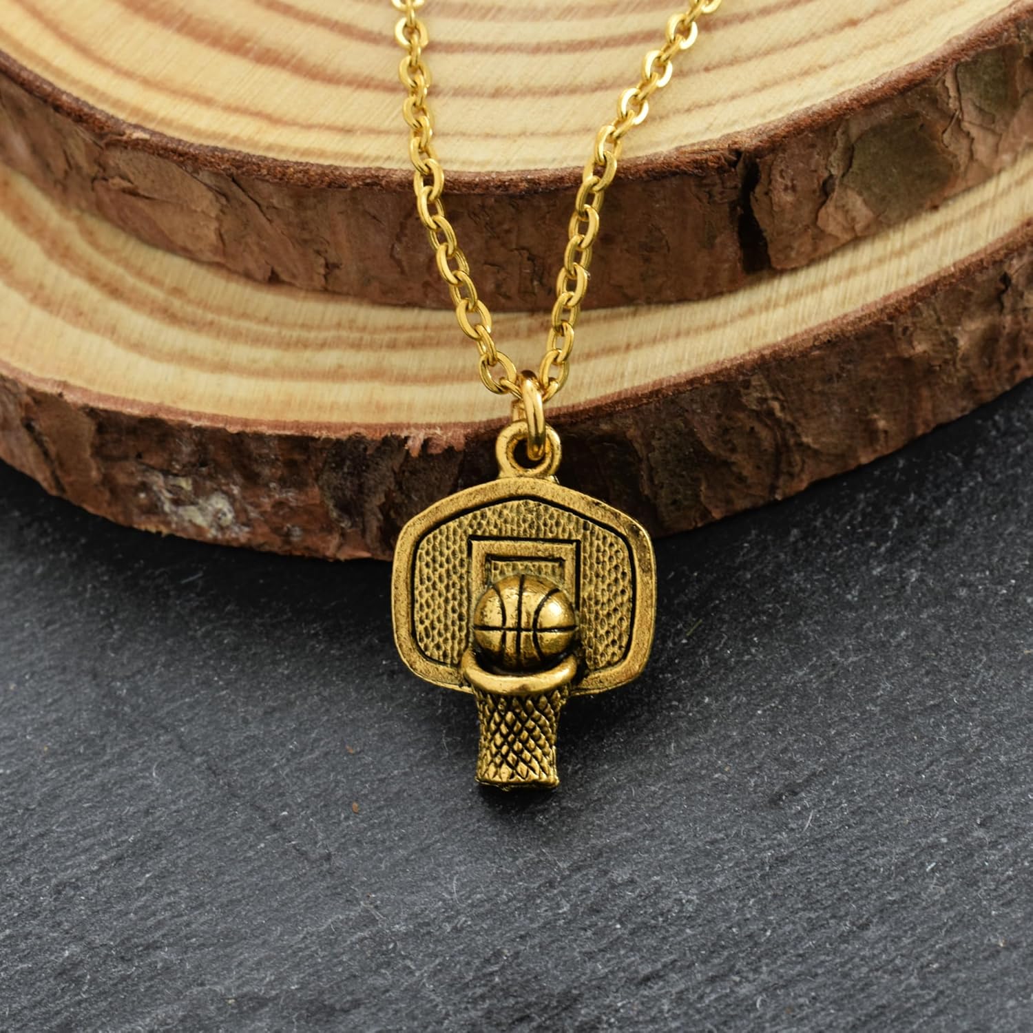 MOM & THREE DAUGHTERS Basketball Charm Pendant in Gold Pewter | 20 Inch Gold Stainless Steel Chain | Basketball Player Necklace - Image 3