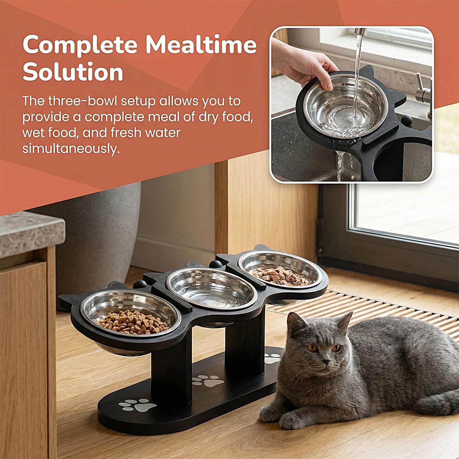 Rialzata Per Cani | Mangiatoia per Animali Domestici Inclinata di 15° Regolabile in Altezza con 3 Ciotole | d'Acqua Regolabile per Gatti | per Casa Cucina Soggiorno Balcone Esterni Campeggio