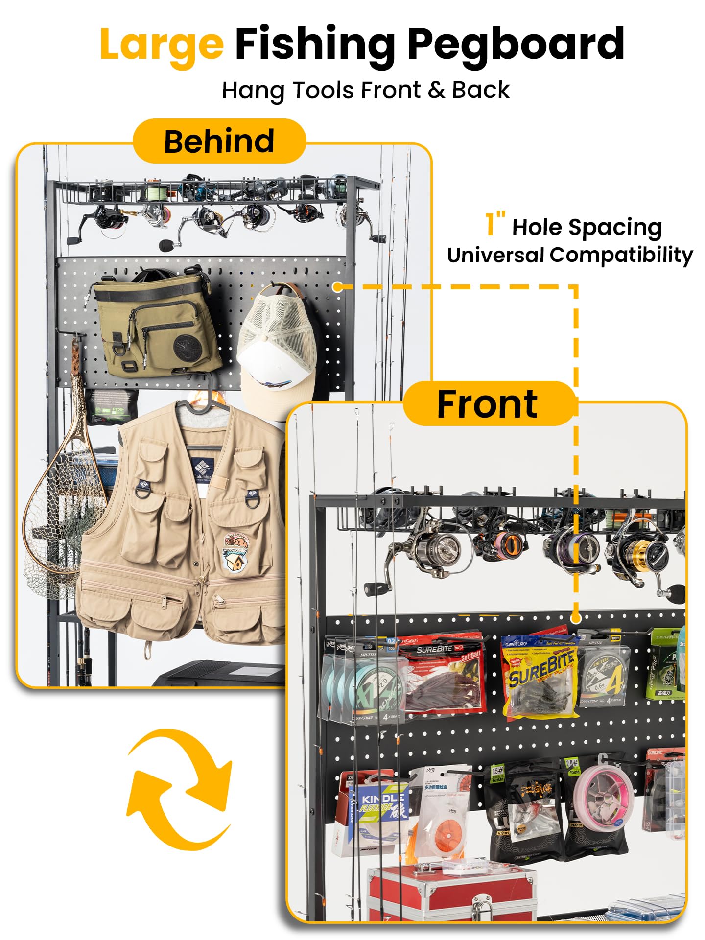 SOYEEZE Fishing Rod Holders for Garage,Fishing Gear Holder for Fishing Rod Tackle Box Storage,Fishing Pole Holders for 12 Rods with Hooks and Pegboard,Fishing Cart with Reel Rack, Large Size : Sports