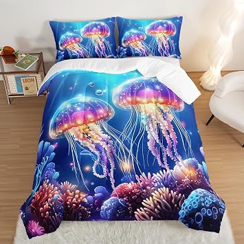 Kids Bedding Colorful Jellyfish Comforter Set,Water Coral Flash Bedding Twin Size Comforter Sets for Girls Boys Room Decor,Marine Life Bedding Comforter Sets with 2 Pillowcases.