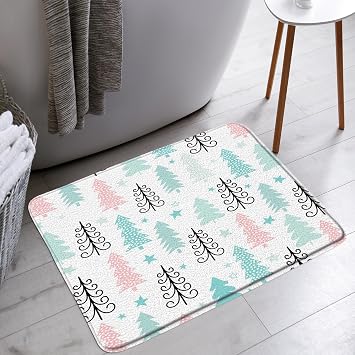 Merry Christmas Bath Mat Christmas Tree Star Pink Turquoise Cartoon New Year Winter Holiday Bathroom Bathtub Floor Rugs Doormat Toilet Decor,18 x 30 in
