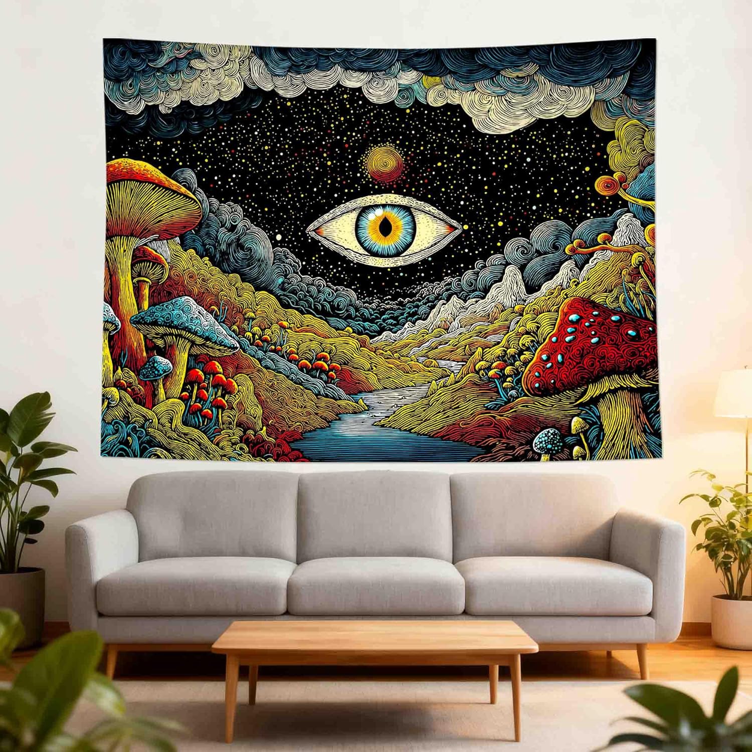 Yeoiat Tapestry Mystical Mushroom Tapestries Cosmic Valley Gaze Wall Hanging Bohemian Fantasy Bedroom Dormitory Decoration 80"x60"