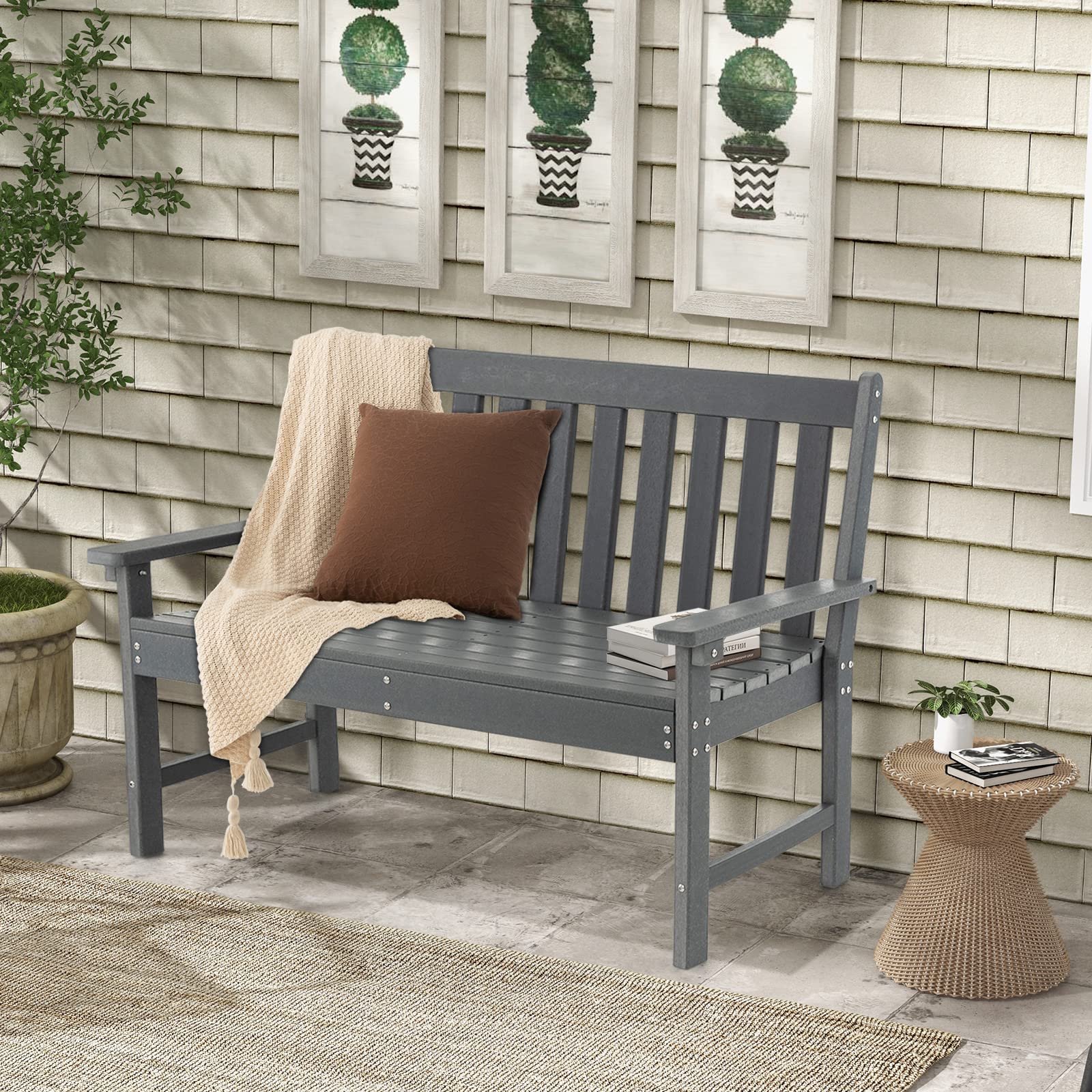 COSTWAY Gartenbank wetterfest, Allwetter-Sitzbank aus HDPE, Parkbank für 2-3 Sitzer, Balkontank bis 320kg belastbar, Terrassenbank für Garten, Balkon und Terrasse, 132 x 65 x 91 cm, Grau
