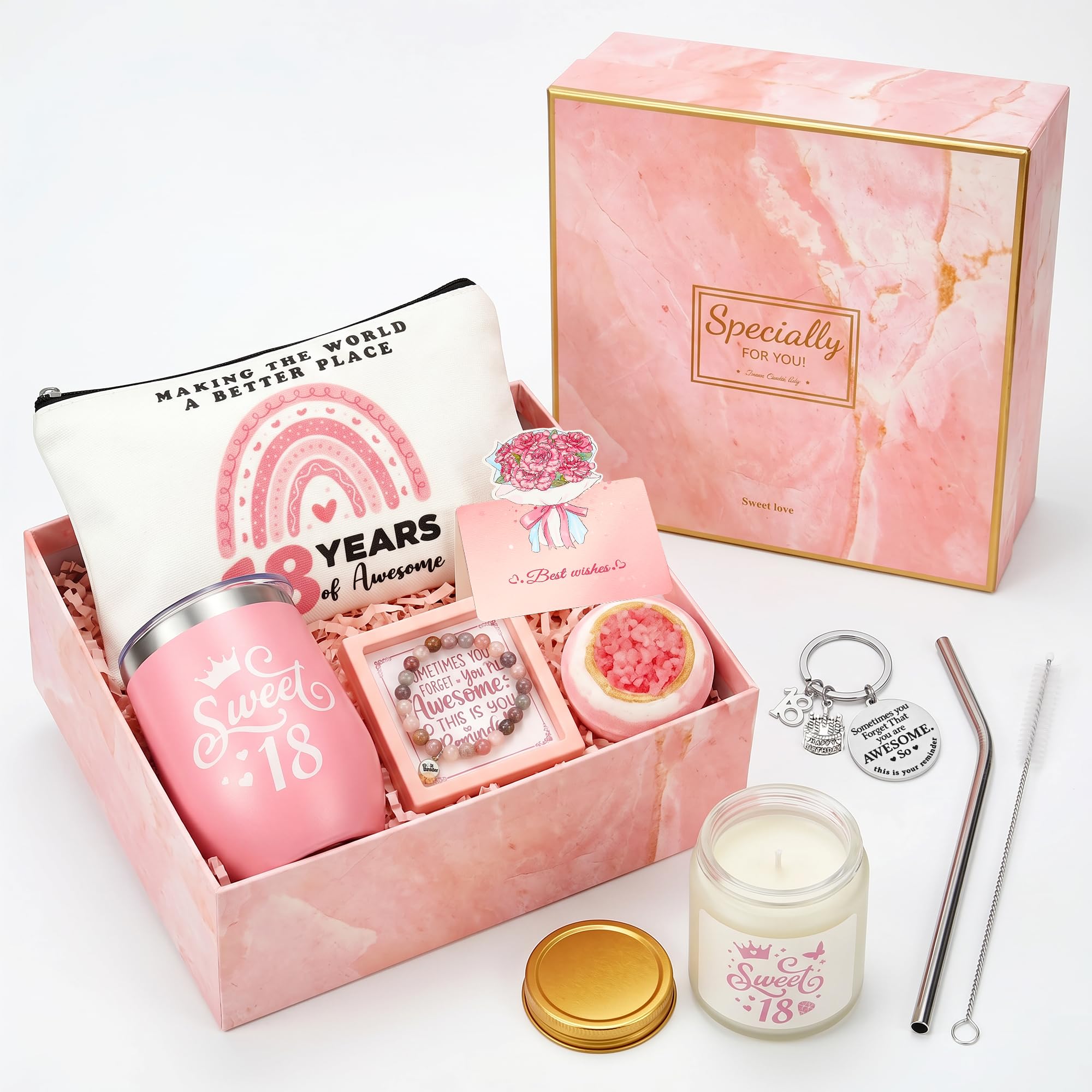 18th Birthday Gift Box for Girls – Sweet 18 Gifts for Daughter, Best Friend, Sister or Niece with Tumbler, Candle, Bath Bomb, Bracelet & Birthday Card