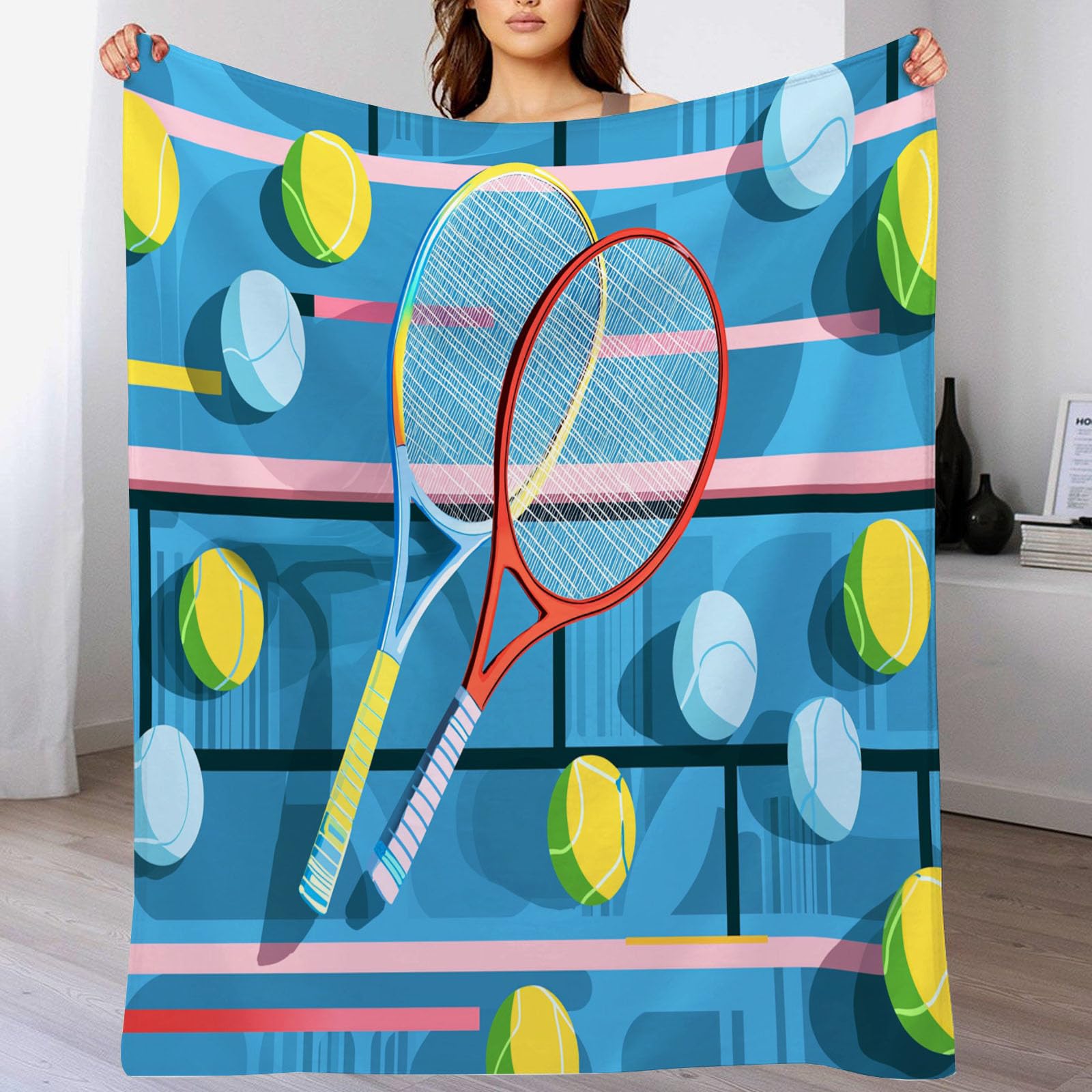 Couverture en flanelle de sports tennis imprimée bleu plaid lit enfants