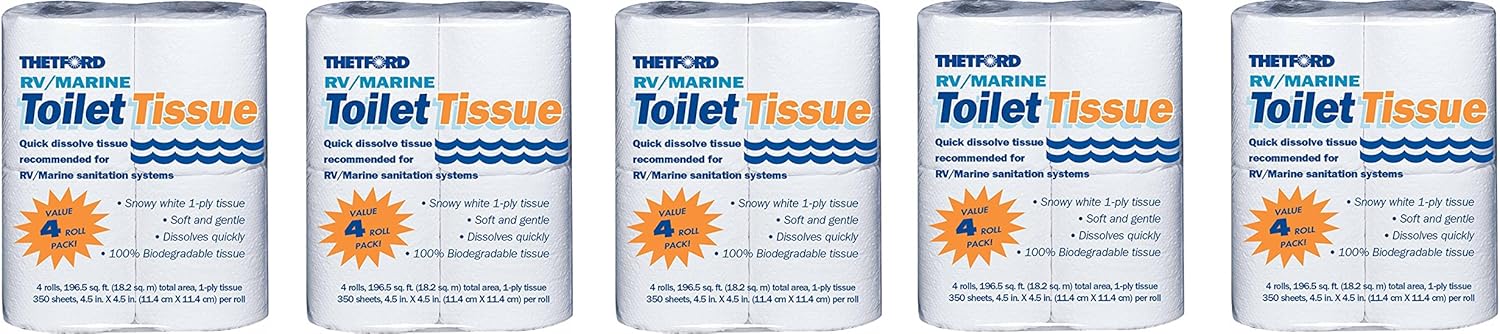 Thetford 20804 RV/Marine Toilet Tissue LqmogQ, Single Ply, (20 Rolls Total)