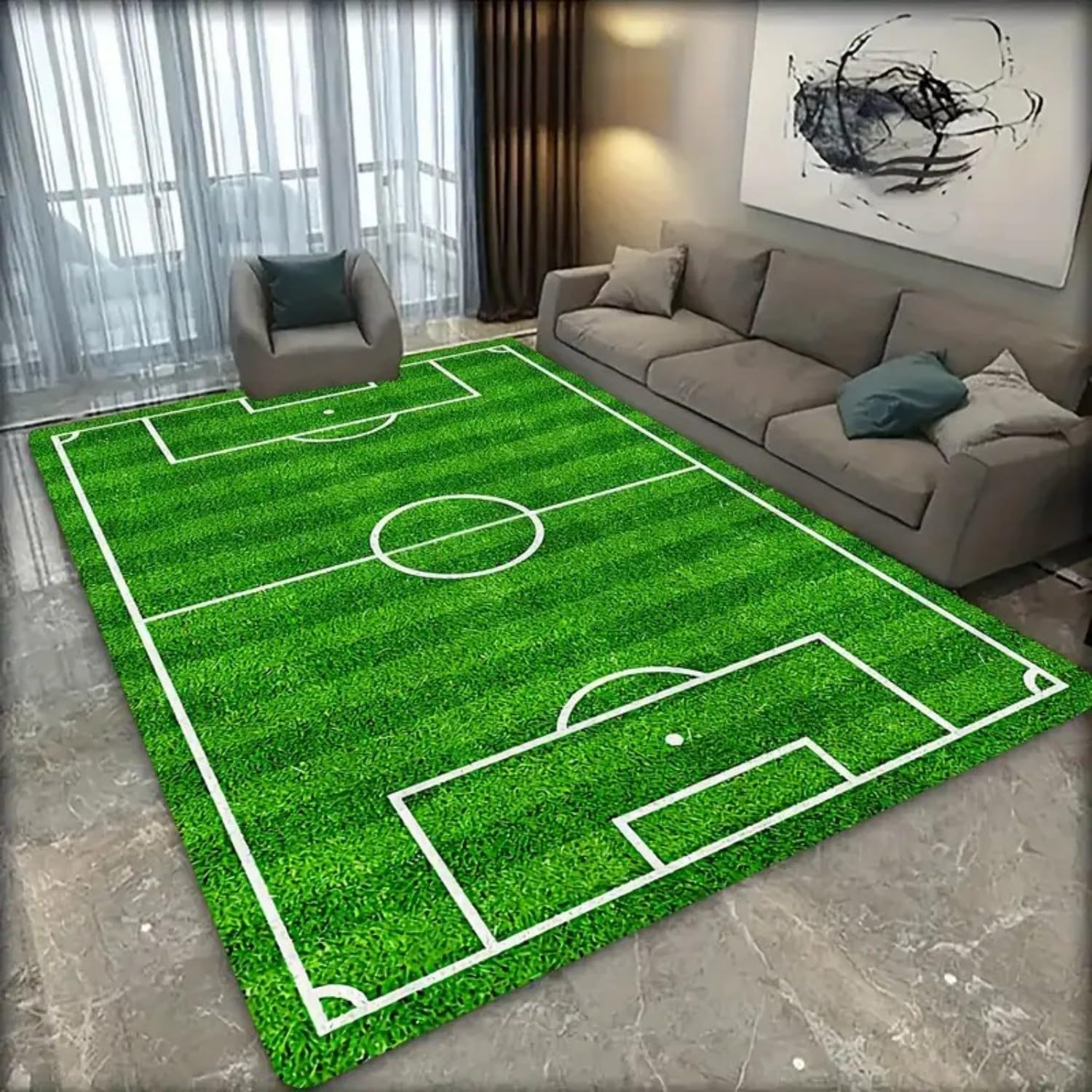 Fußballteppich für Wohnzimmer, 160x230cm Fußballmuster, Teppich Mit Grünem Rasen-Fußballfeld-Motiv, Ideal für Schlafzimmer, Kinderzimmer, Spielzimmer und Mehr Bodenmatte fürs Kinderzimmer
